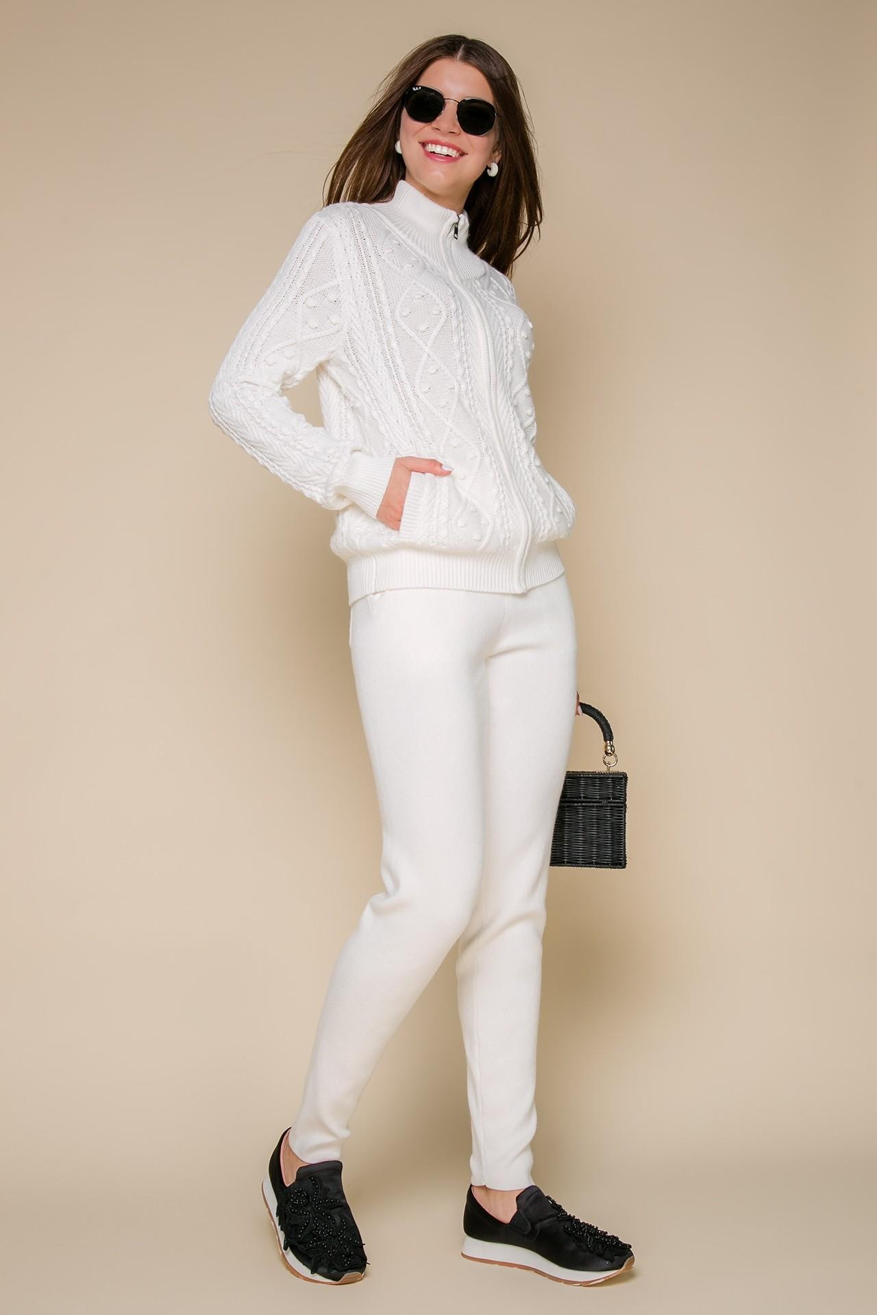 Snow-white two-piece suit with a zip-up jumper and straight-leg trousers, White — photo 4