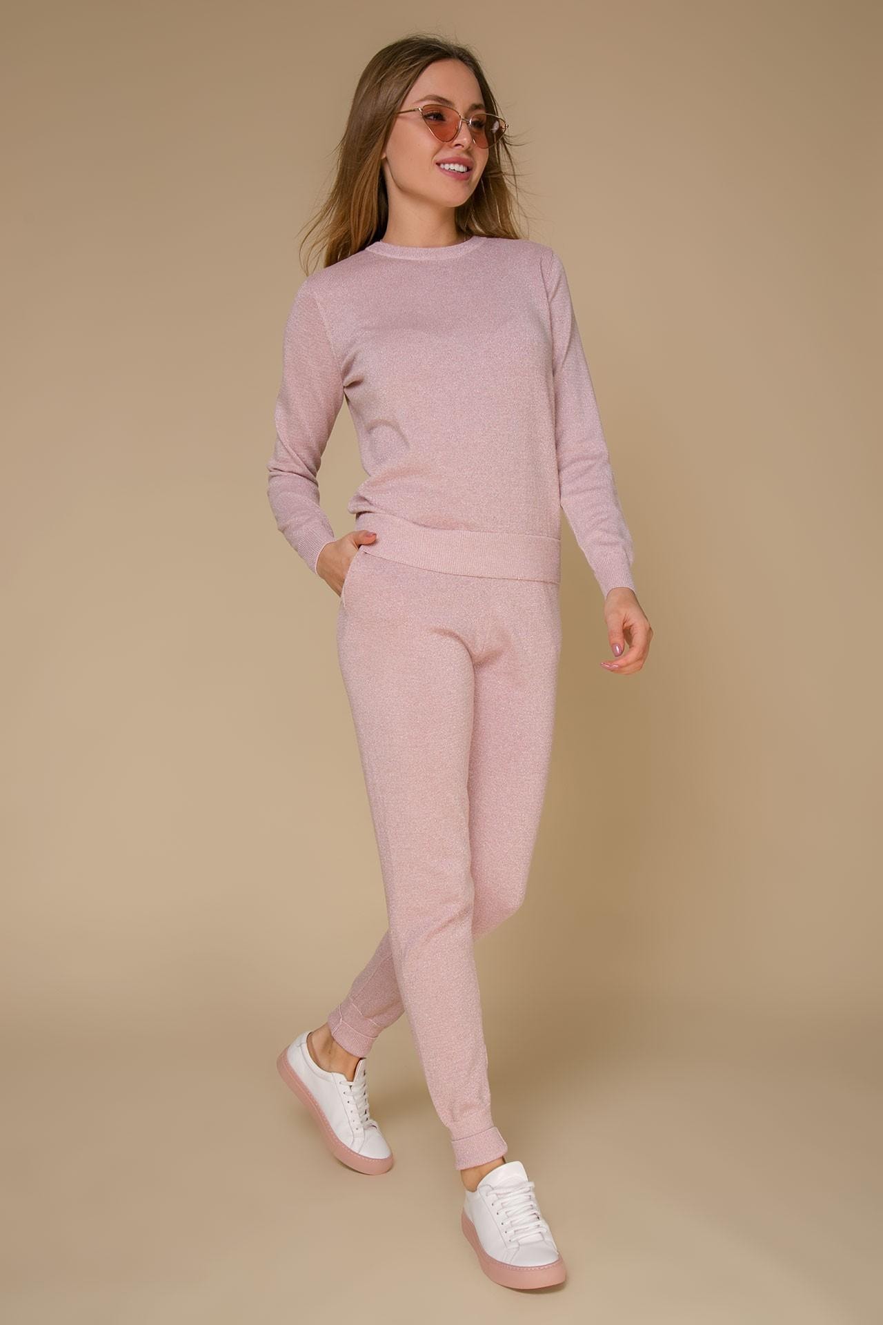 Trouser suit in a soft pink colour with embroidery using lurex threads, Pink