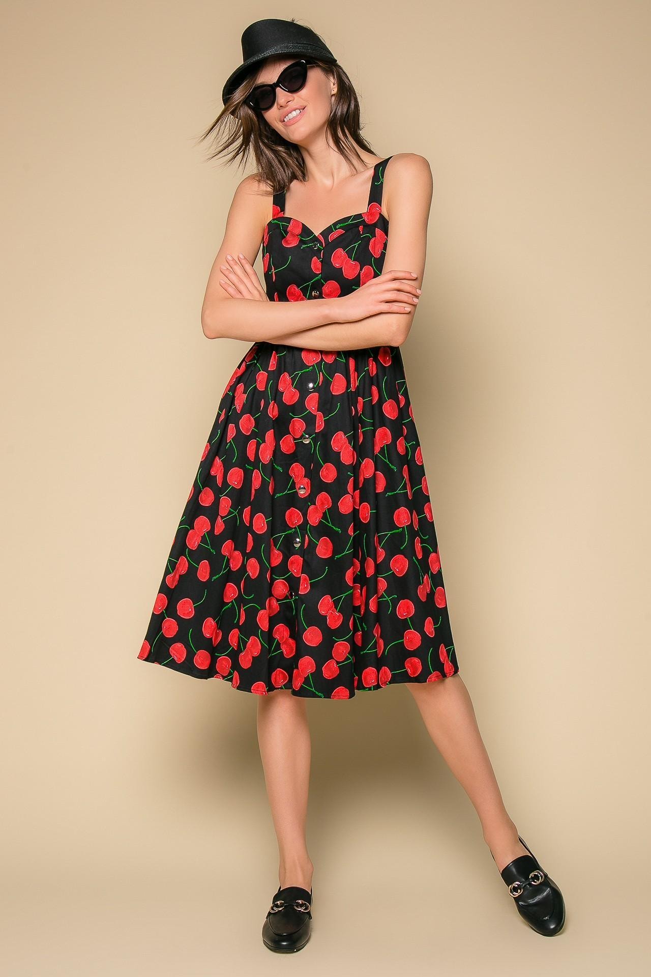 Sundress with contrasting 'Cherries' print, Black