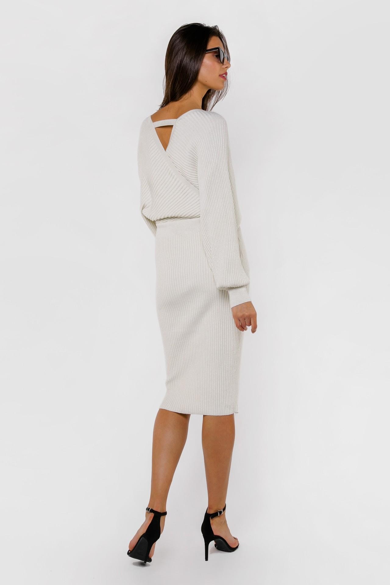Striking dress with a deep V-neck and batwing sleeves, White — photo 3