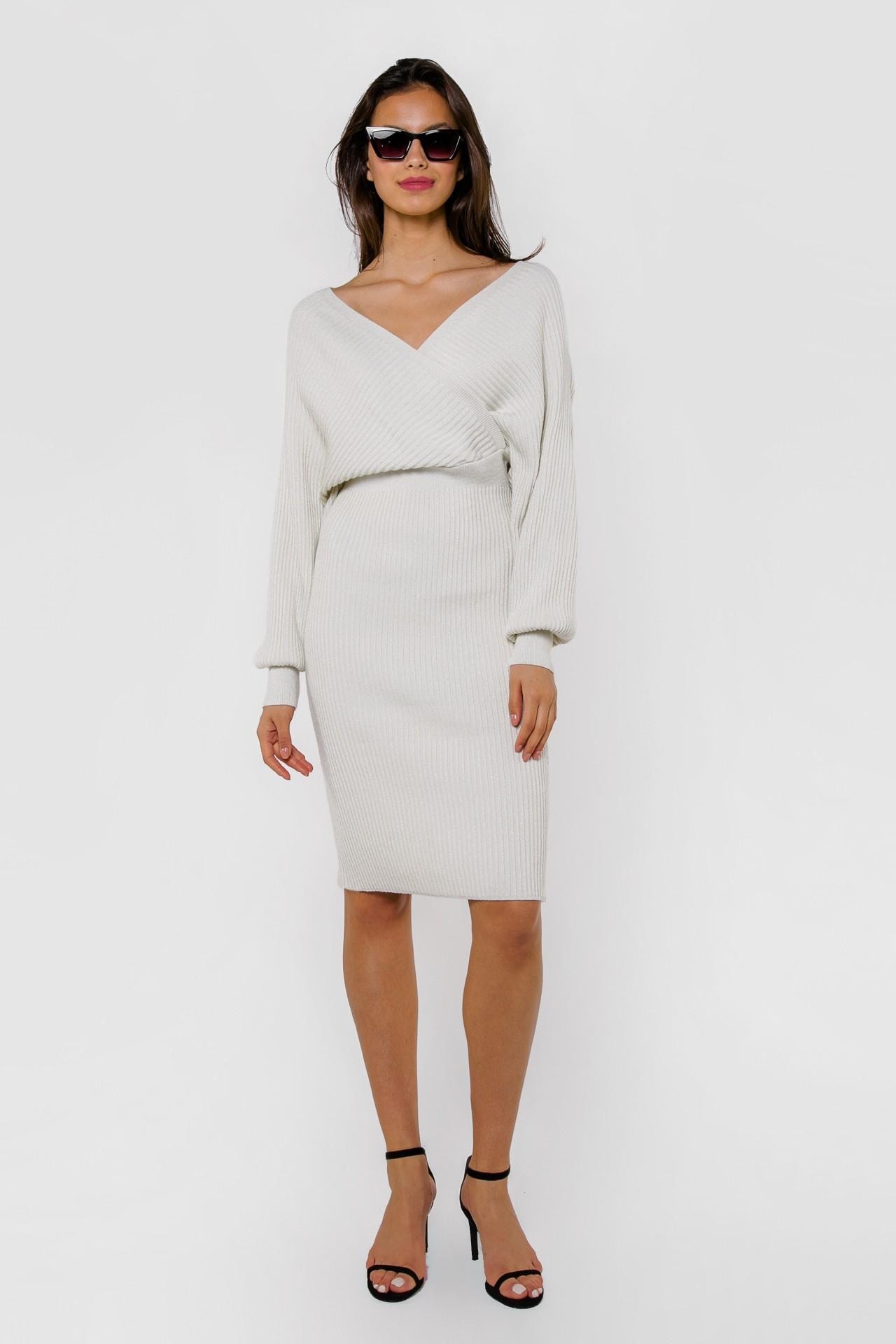 Striking dress with a deep V-neck and batwing sleeves, White — photo 4