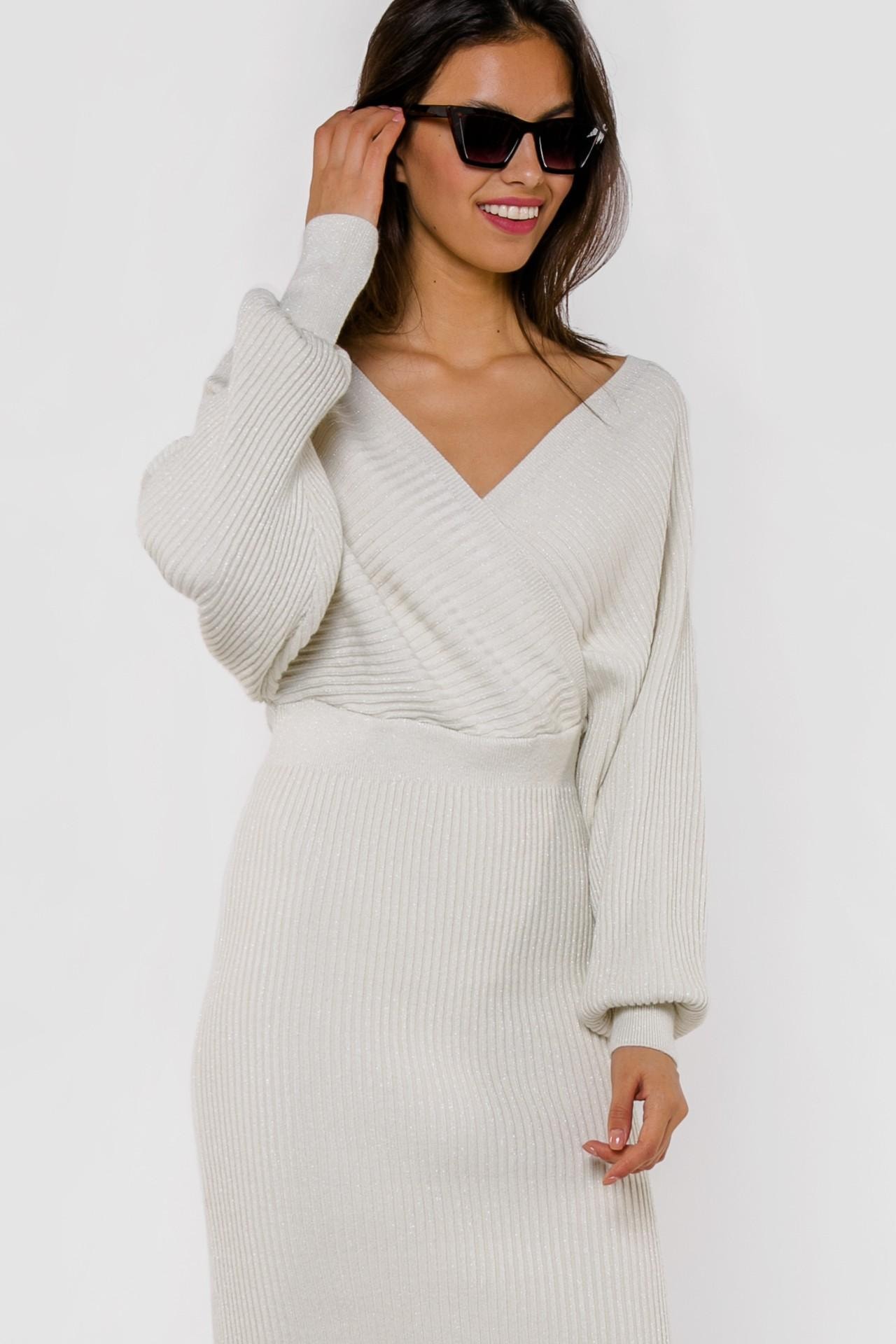 Striking dress with a deep V-neck and batwing sleeves, White — photo 5