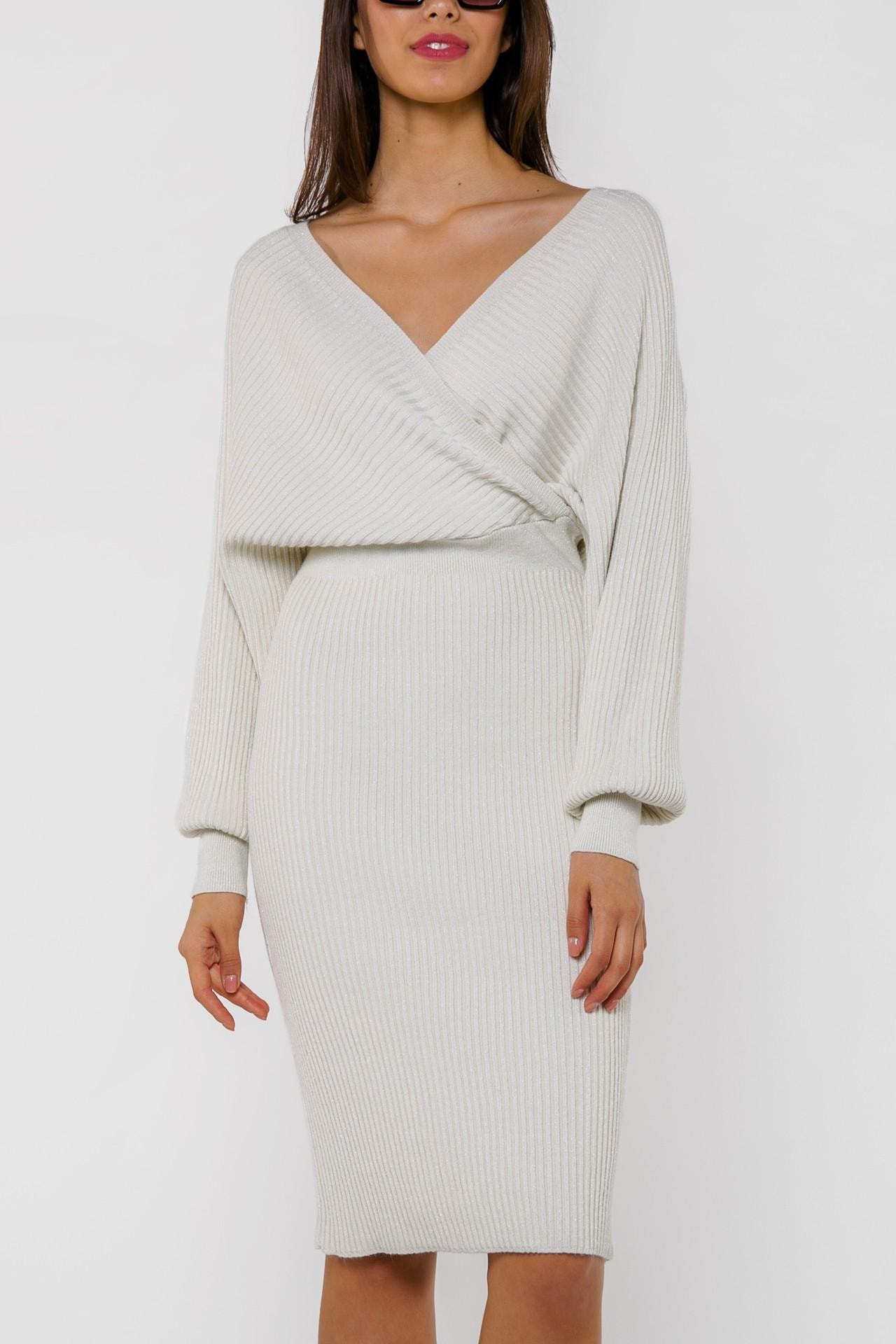 Striking dress with a deep V-neck and batwing sleeves, White — photo 2