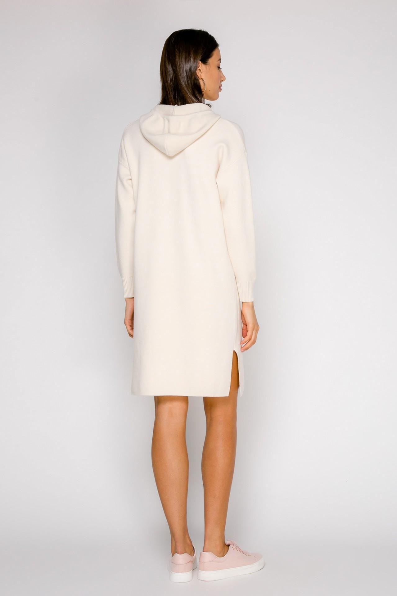 Straight-cut dress with a hood and side slits, White — photo 5