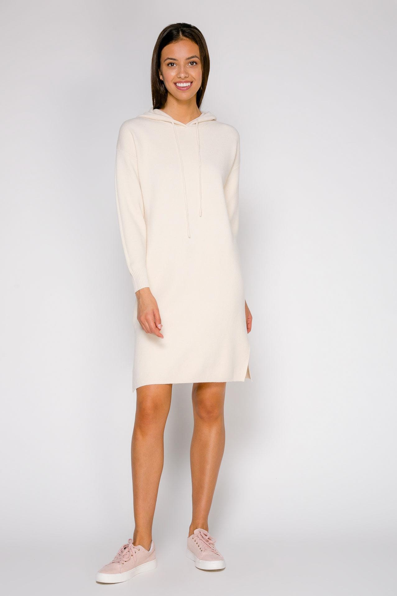 Straight-cut dress with a hood and side slits, White