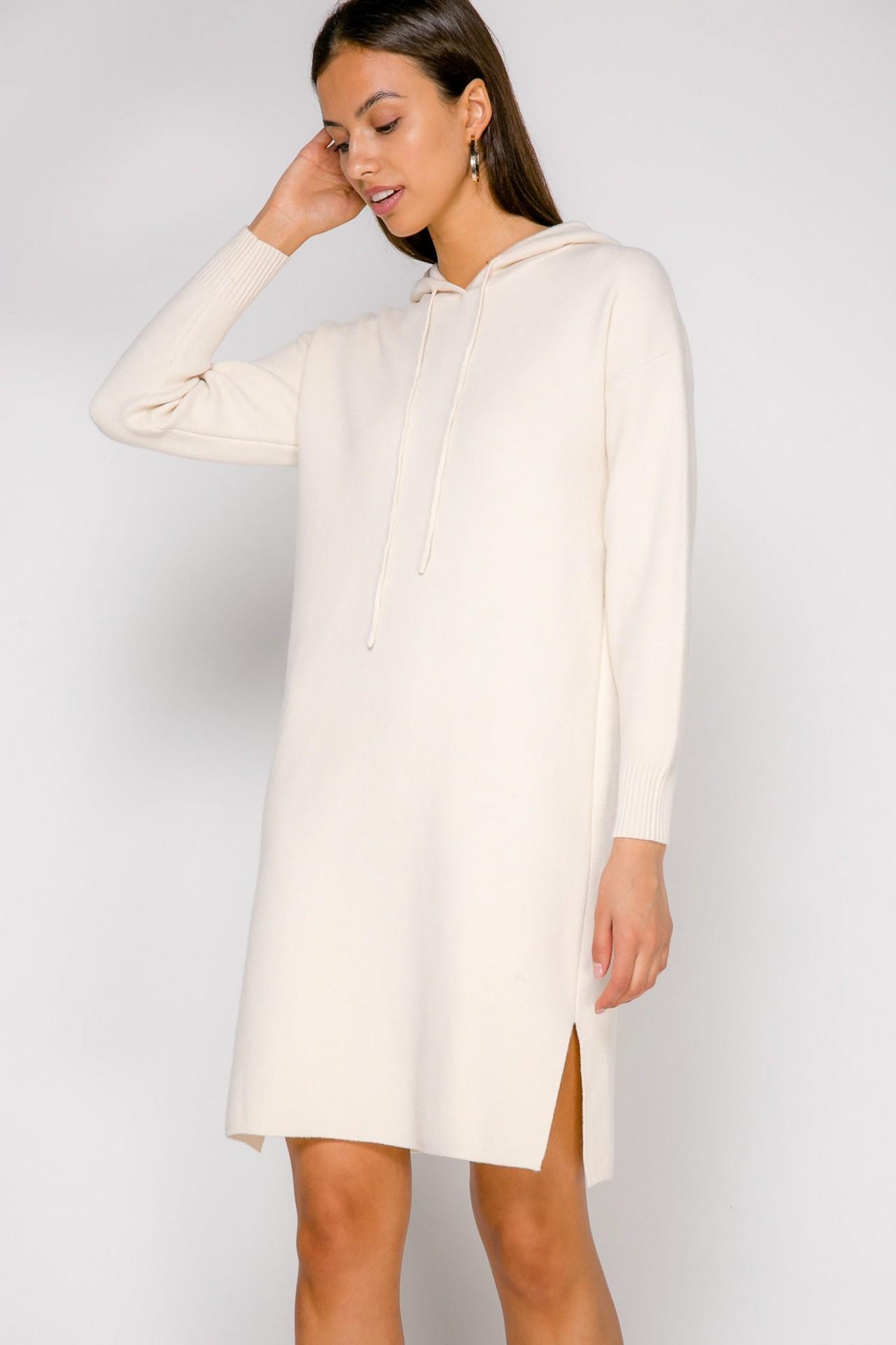 Straight-cut dress with a hood and side slits, White — photo 2