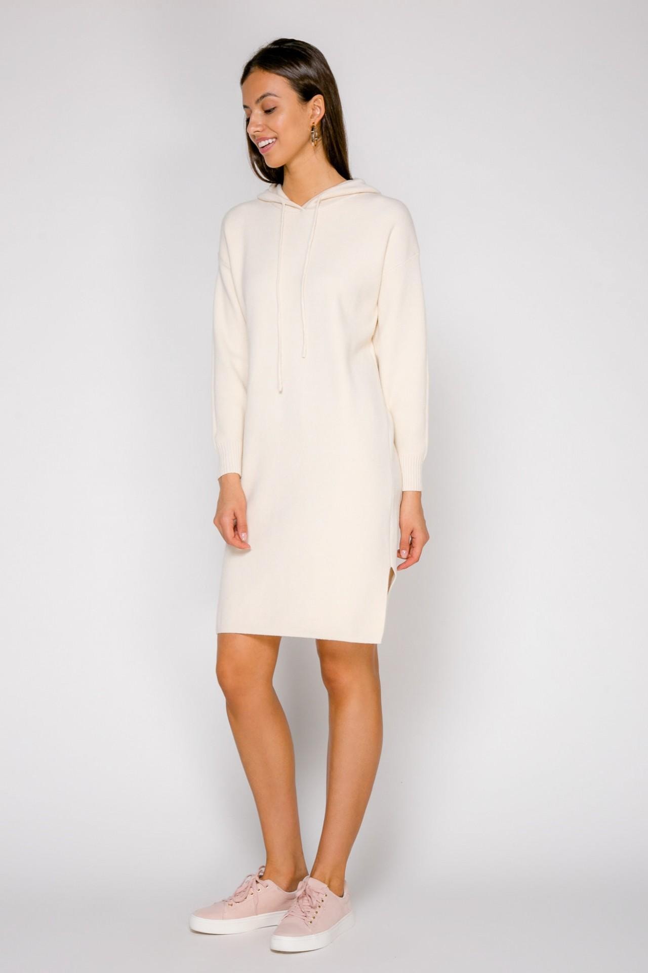 Straight-cut dress with a hood and side slits, White — photo 3