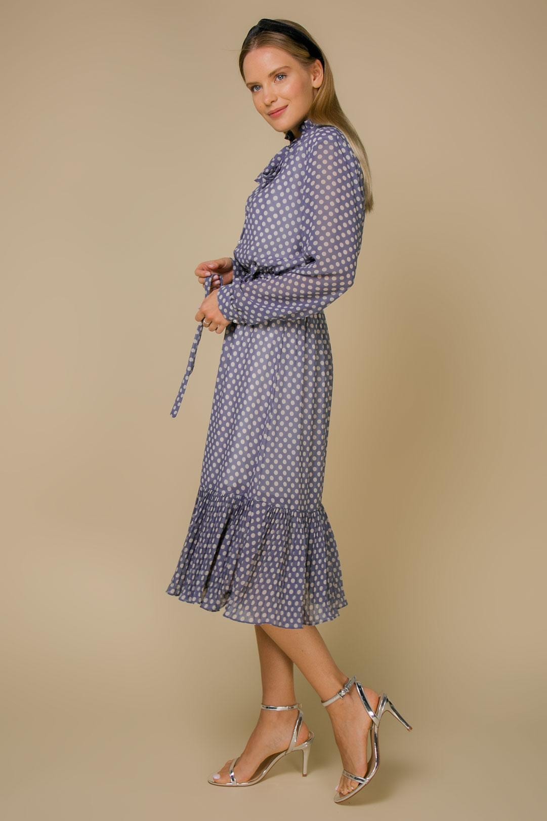 A feminine dress with a polka dot pattern and an ascot collar, Blue