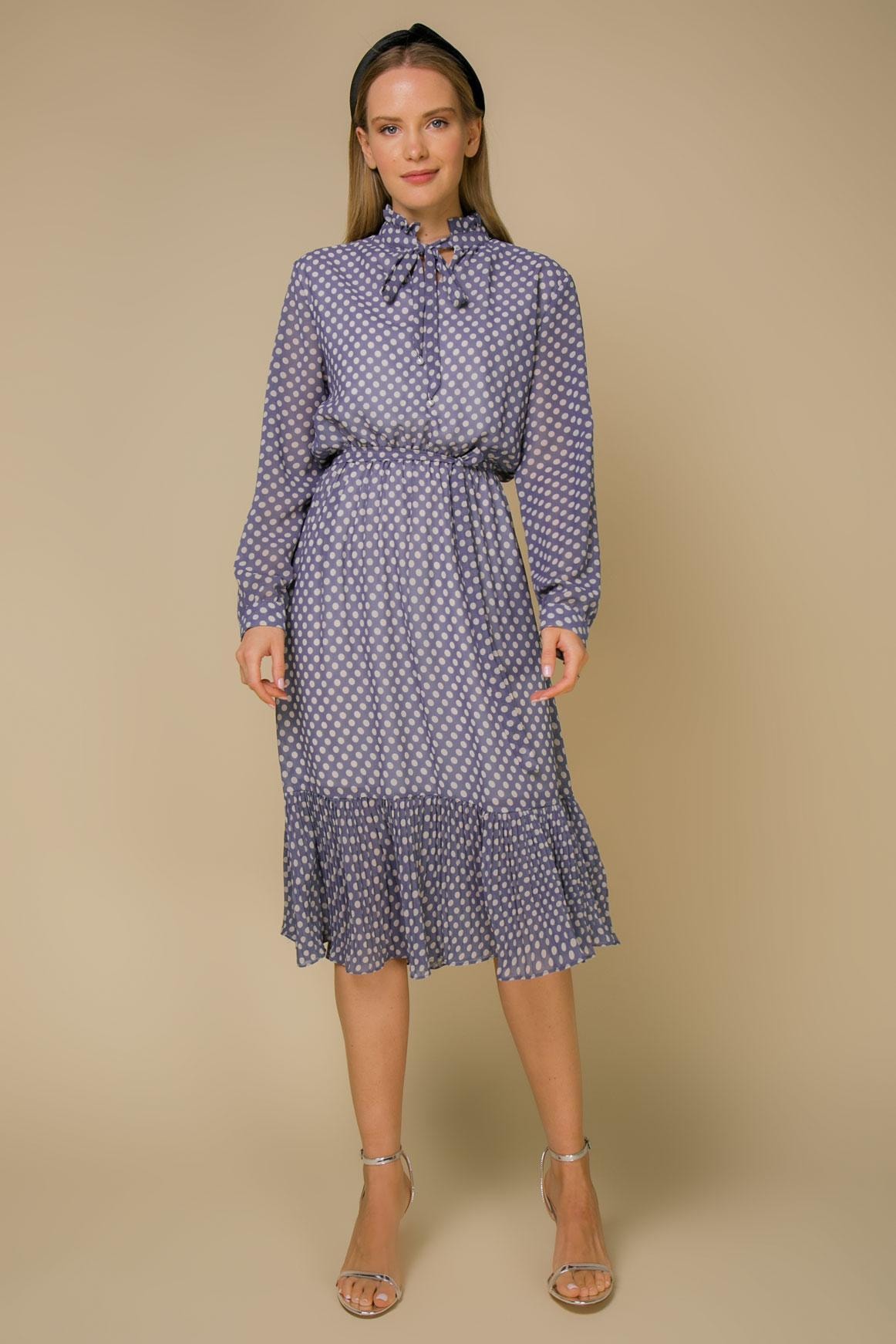 A feminine dress with a polka dot pattern and an ascot collar, Blue — photo 2