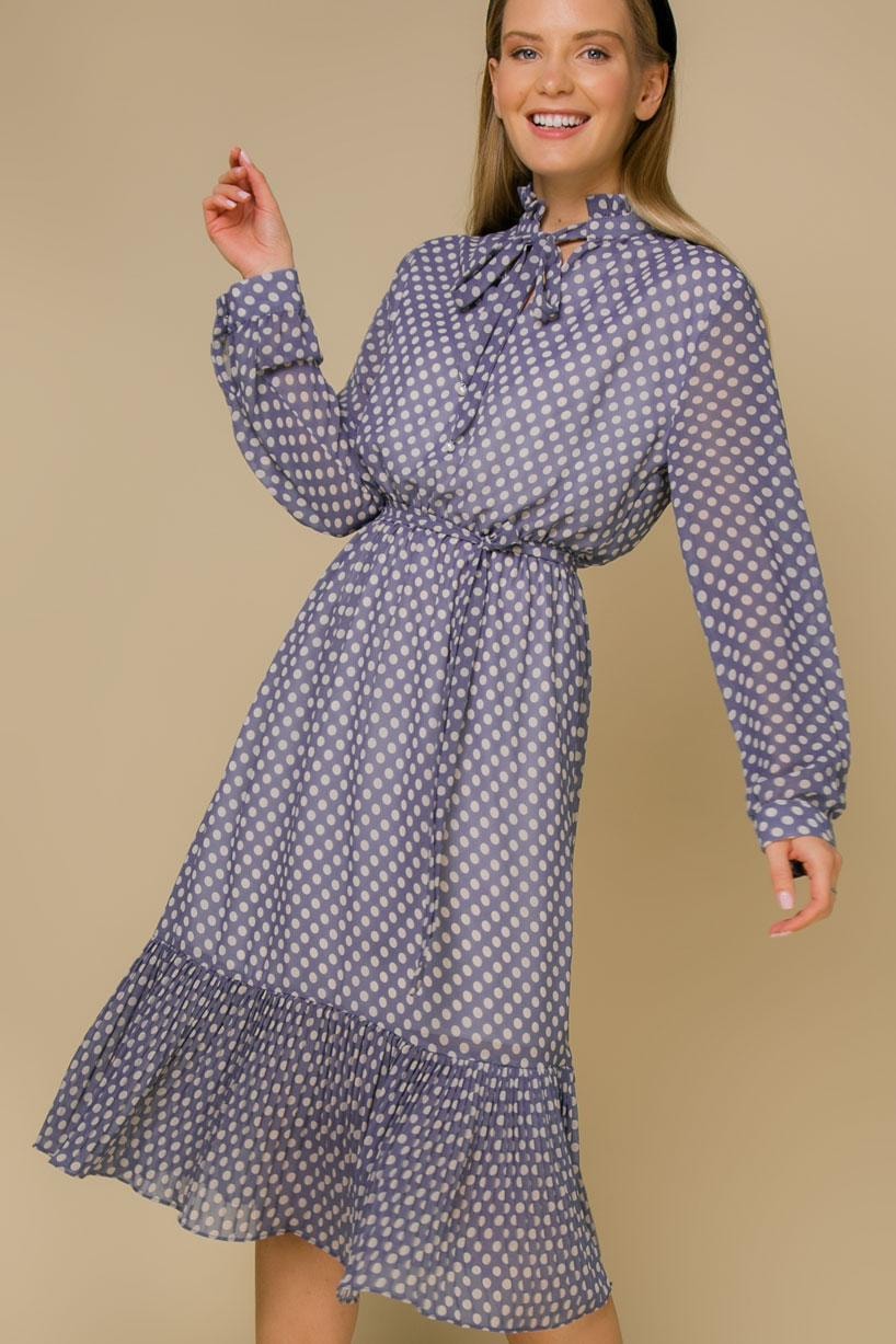 A feminine dress with a polka dot pattern and an ascot collar, Blue — photo 4