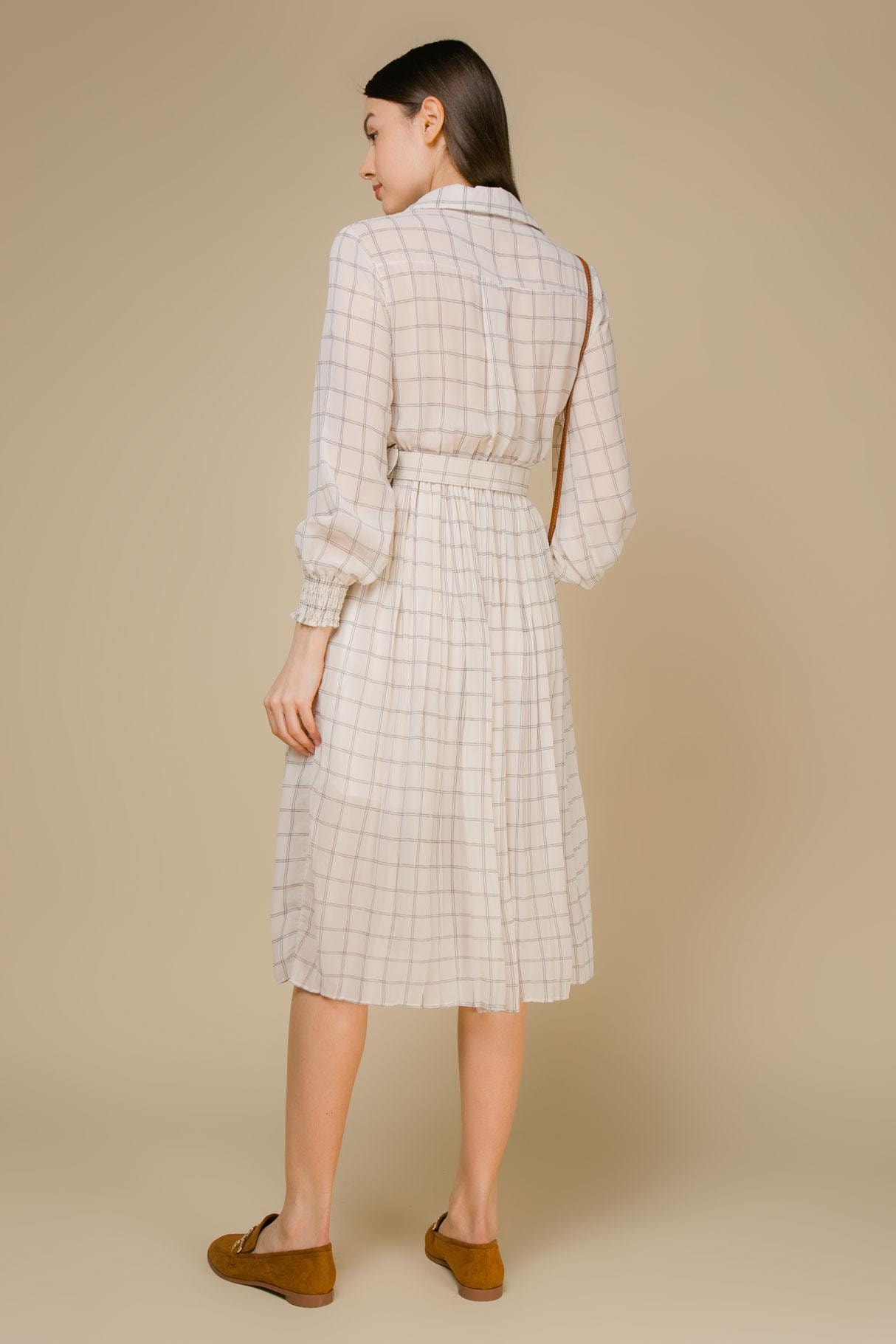 Casual-style checked shirt dress, White