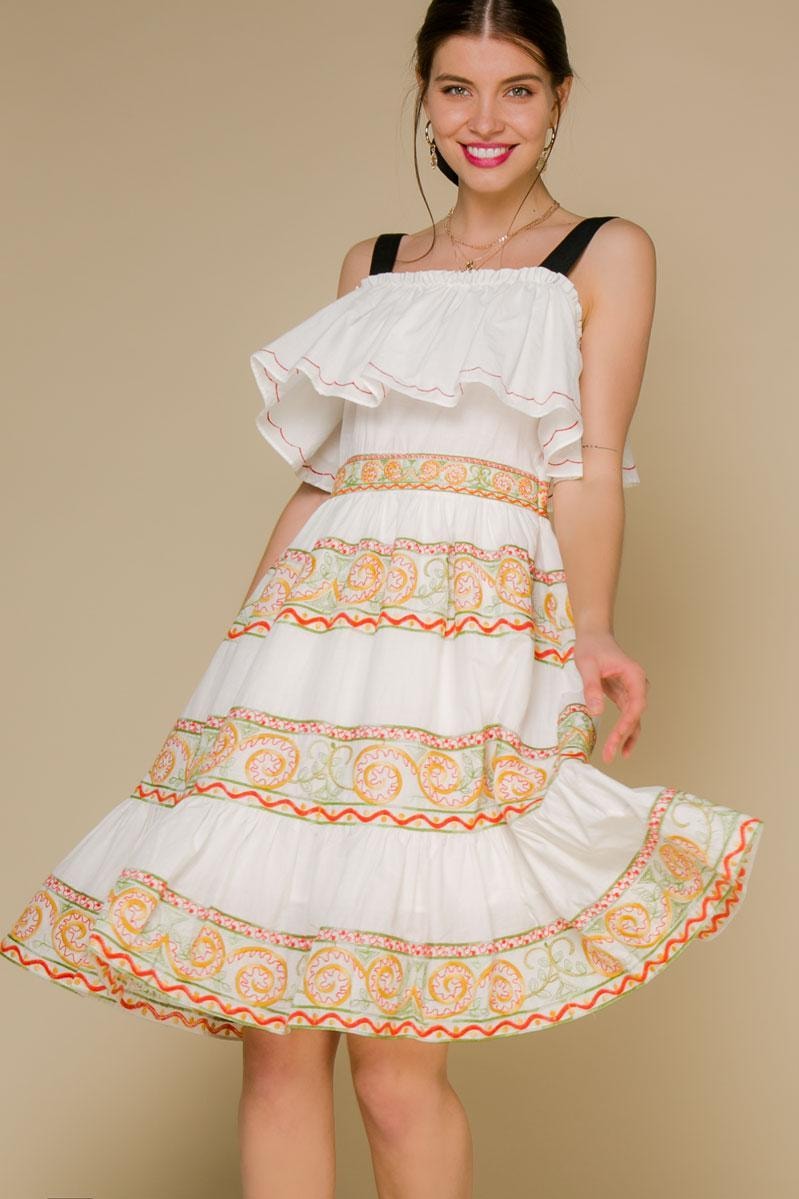 Cotton sundress with embroidery and a peplum on the bodice, Beige
