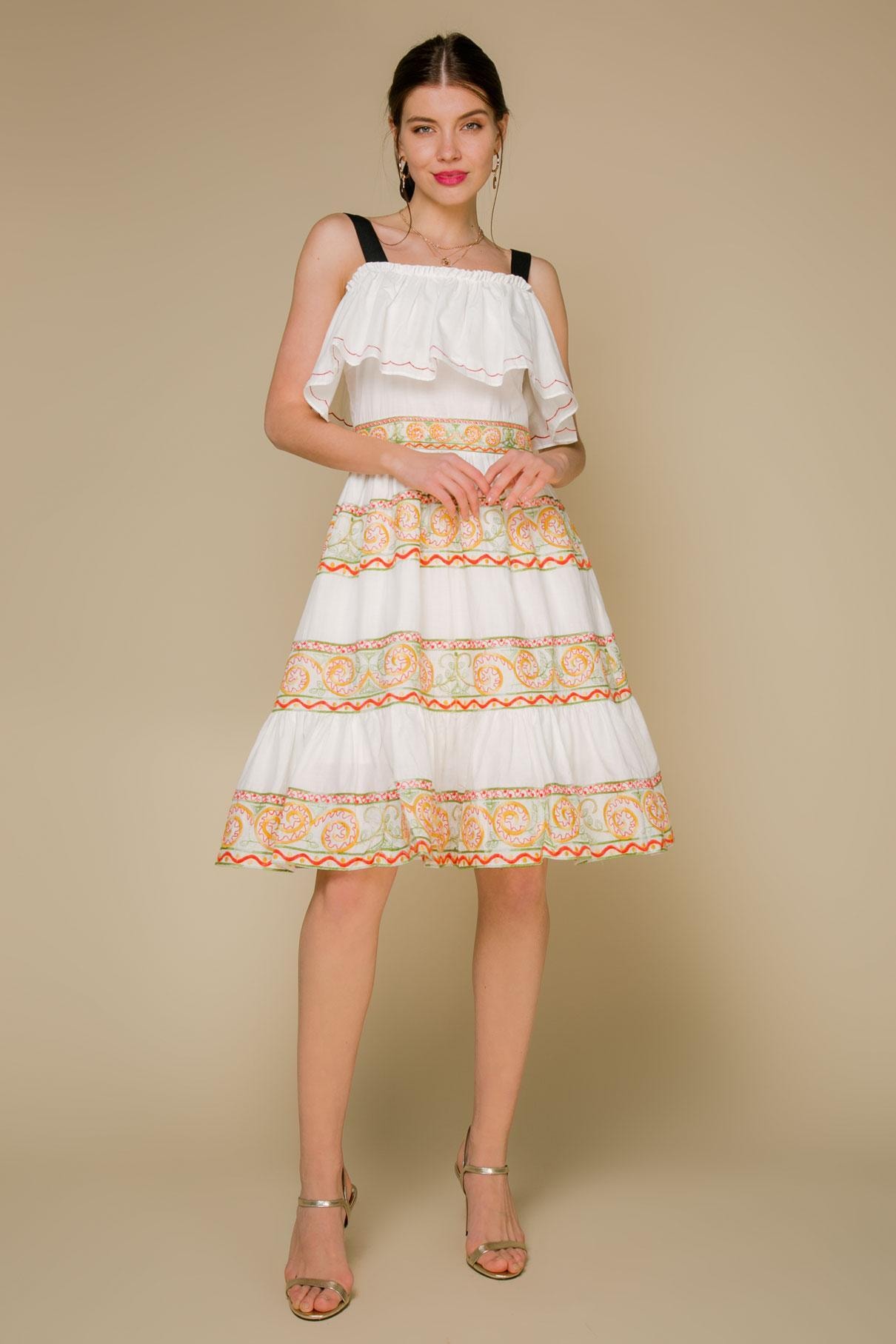Cotton sundress with embroidery and a peplum on the bodice, Beige — photo 2
