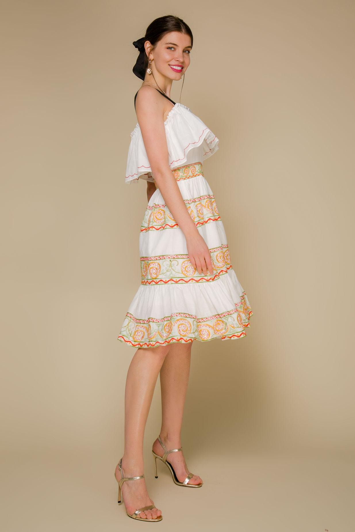 Cotton sundress with embroidery and a peplum on the bodice, Beige — photo 4