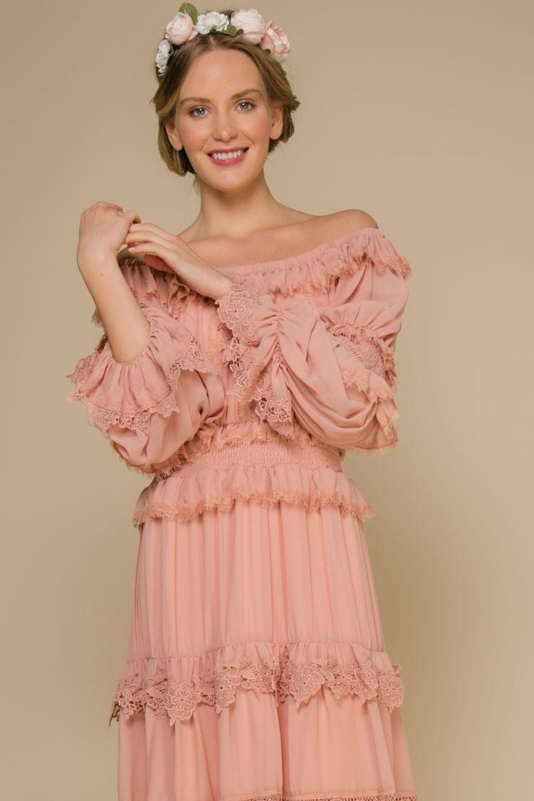 Boho-Style Dress with Soft Flounces and Lace Trim, Pink — photo 4