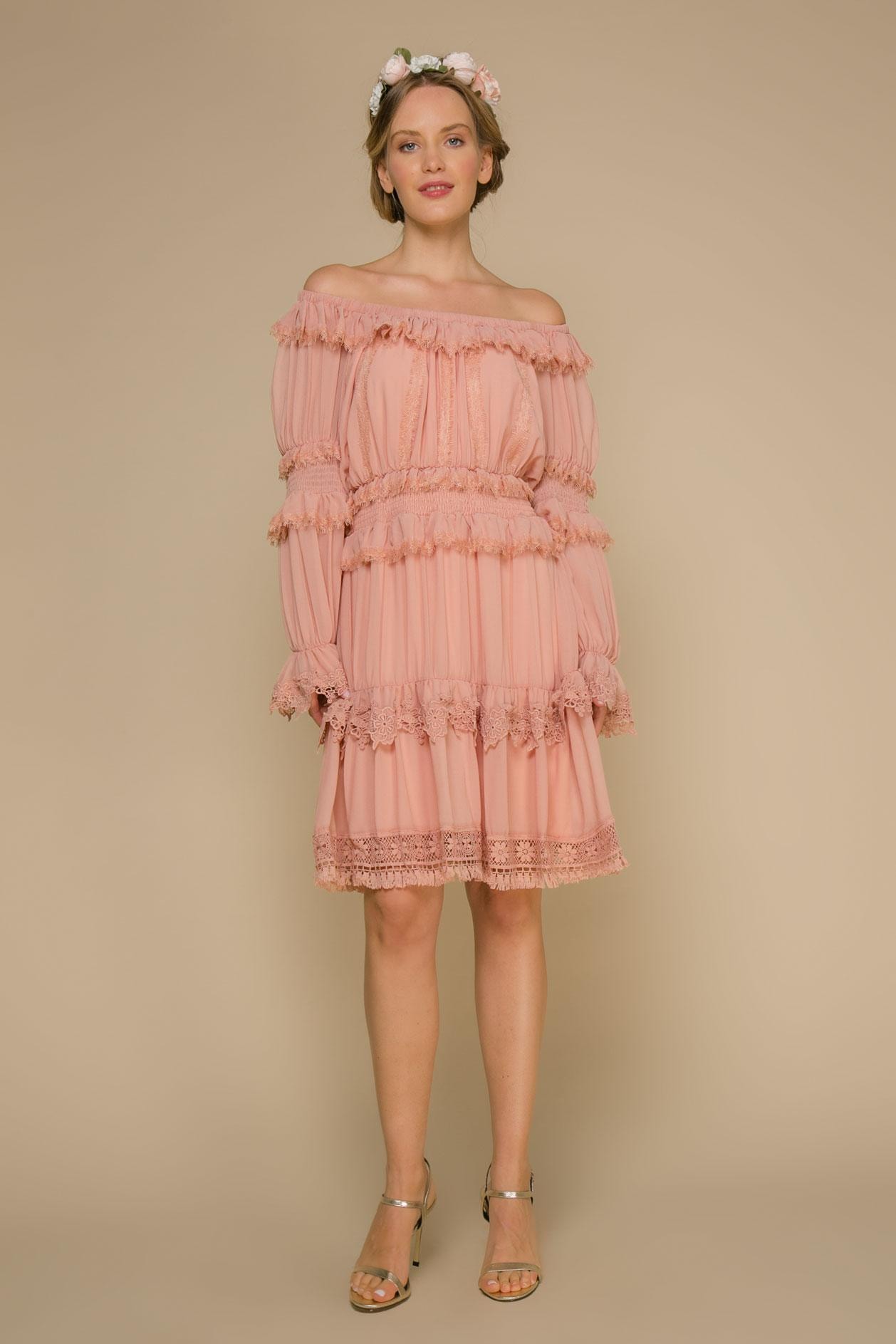 Boho-Style Dress with Soft Flounces and Lace Trim, Pink — photo 5