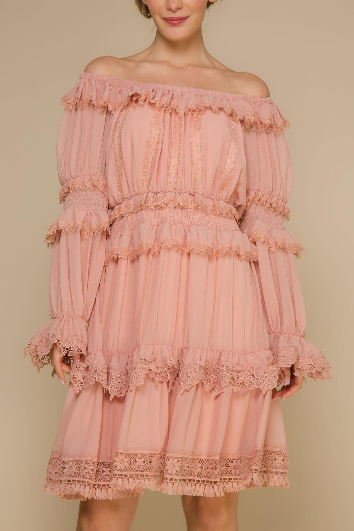 Boho-Style Dress with Soft Flounces and Lace Trim, Pink