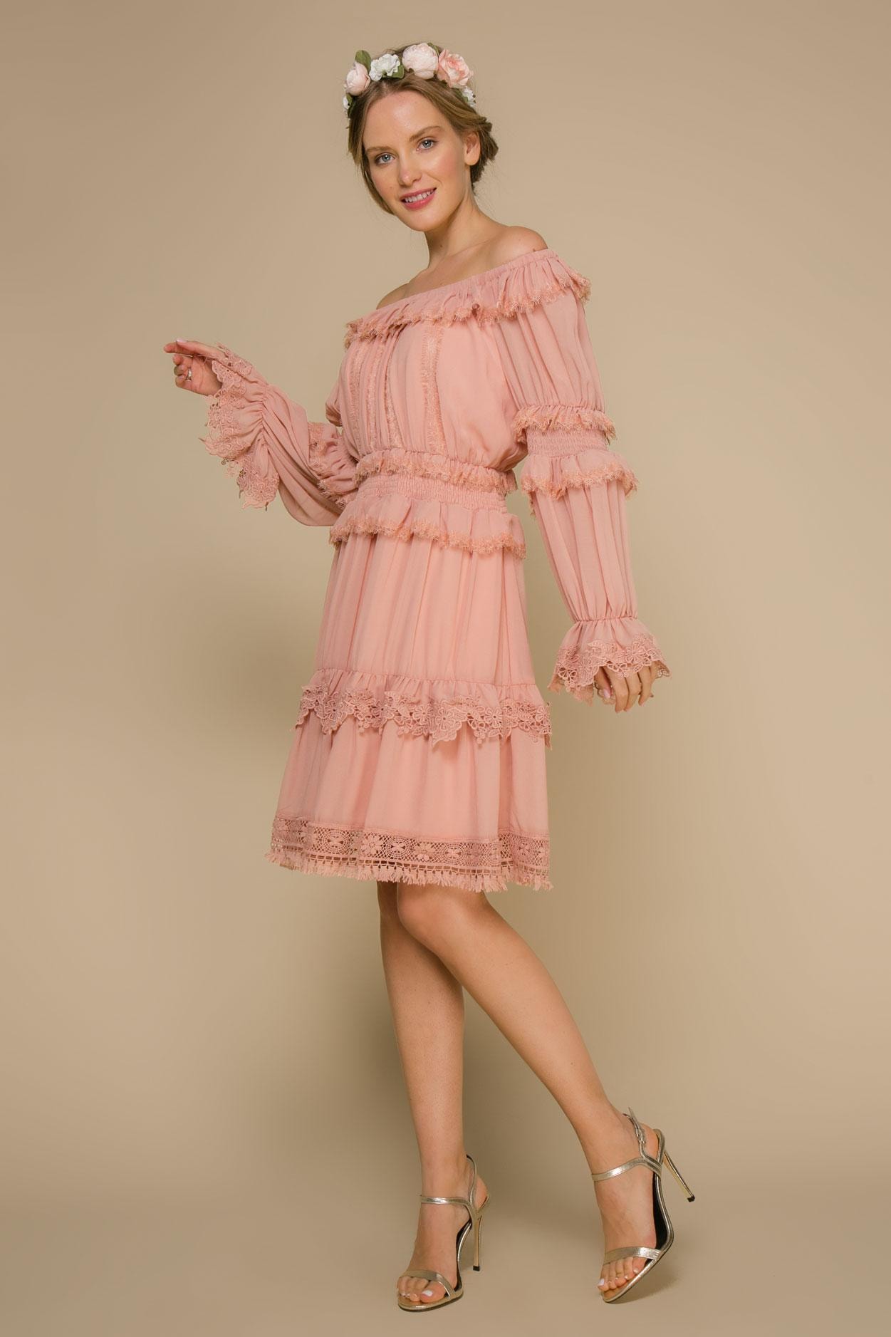 Boho-Style Dress with Soft Flounces and Lace Trim, Pink — photo 2