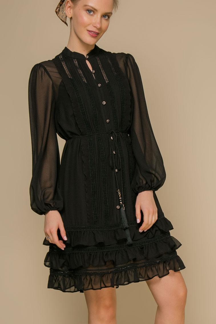A sleek dress with transparent sleeves and ruffles on the skirt, Black — photo 2