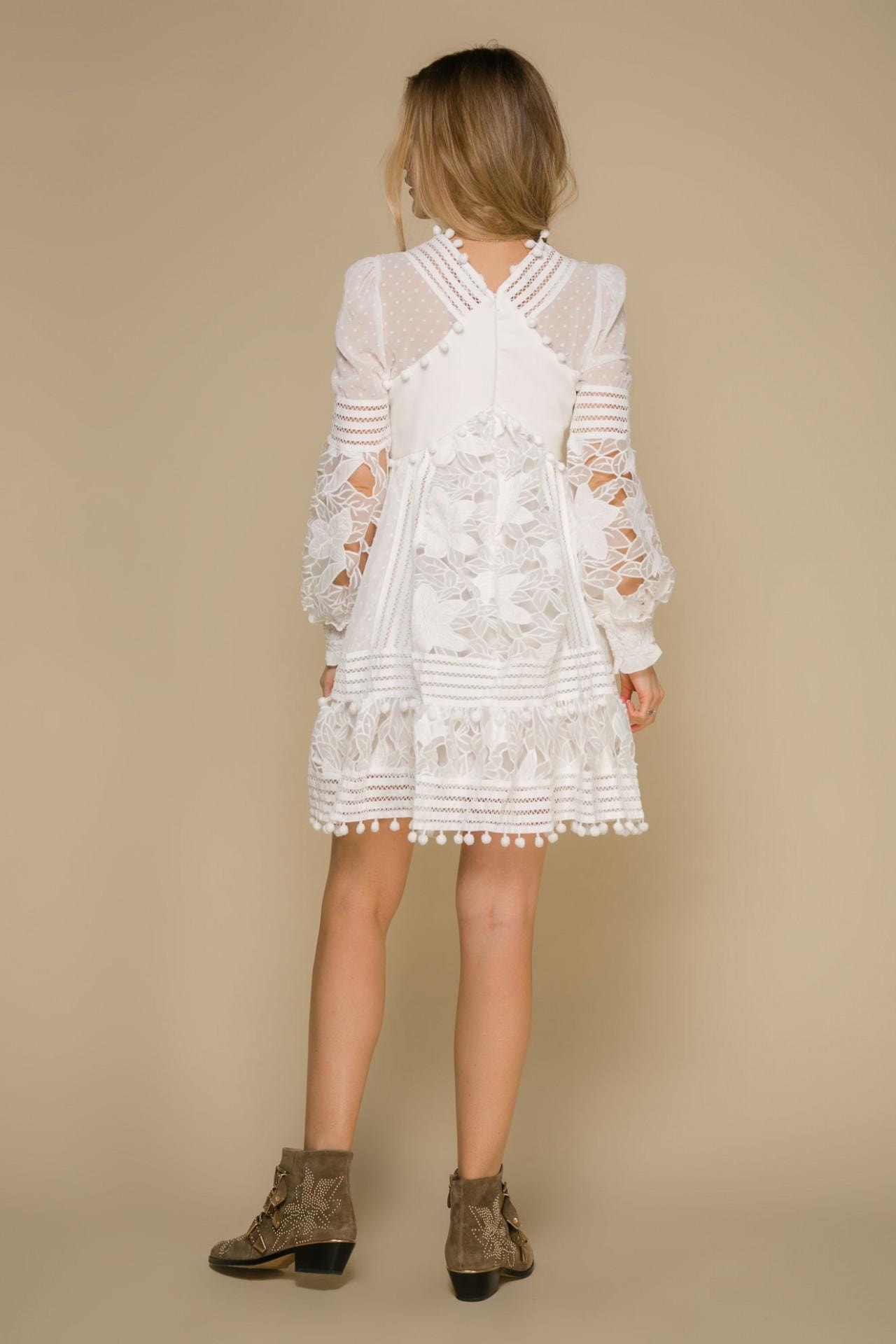 Snow-white dress in boho-chic style with floral lace trim, White