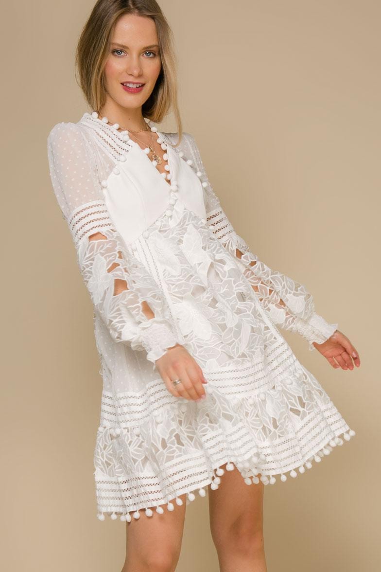 Snow-white dress in boho-chic style with floral lace trim, White — photo 2