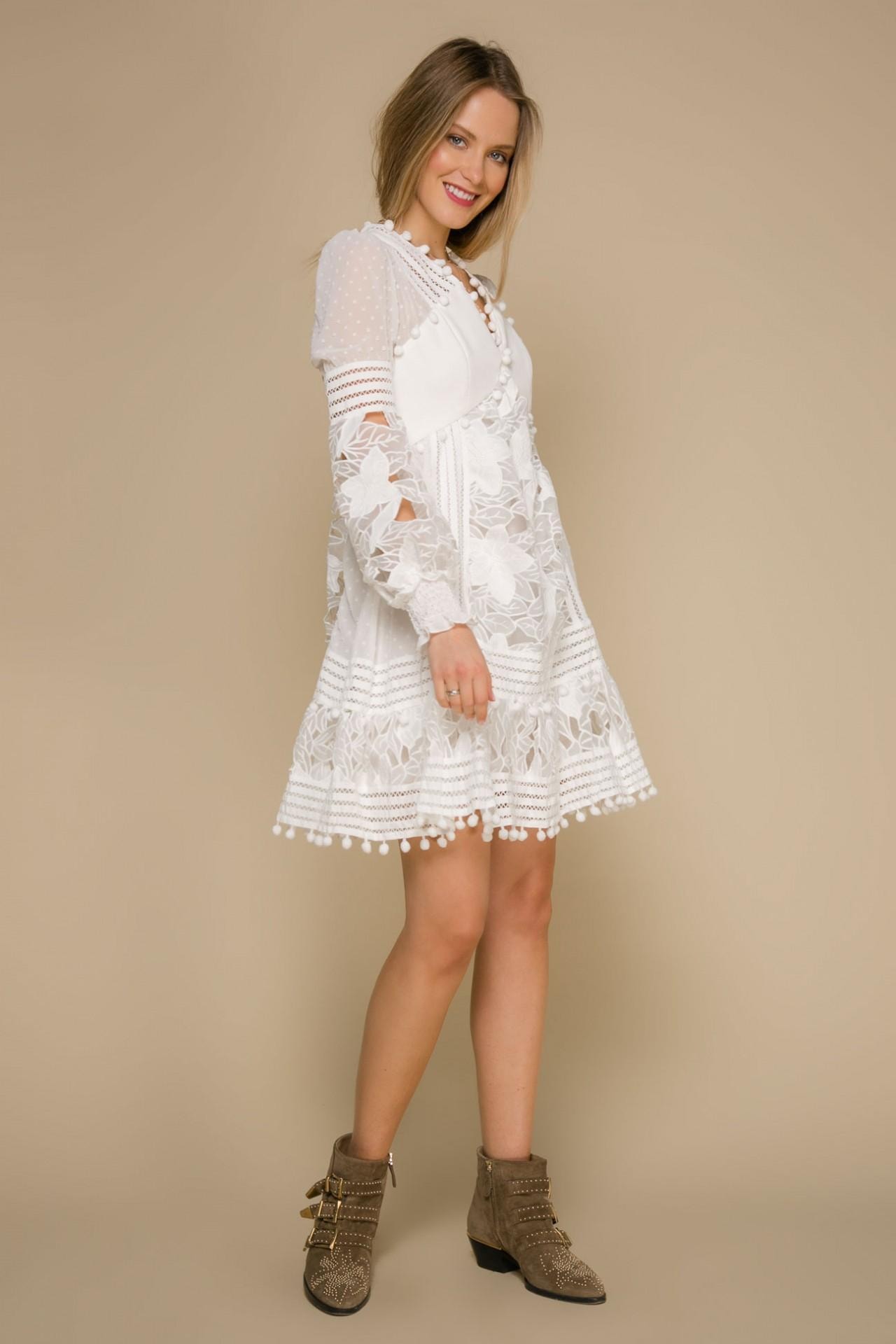 Snow-white dress in boho-chic style with floral lace trim, White — photo 4