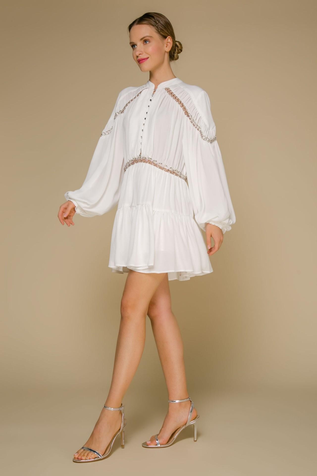 Mini dress with puffed sleeves, White