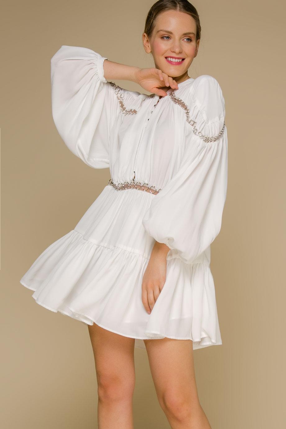 Mini dress with puffed sleeves, White — photo 2