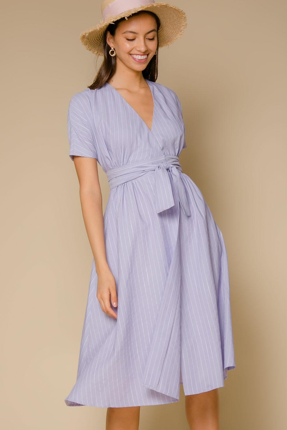 Cotton midi dress with a waist accent, Violet — photo 2