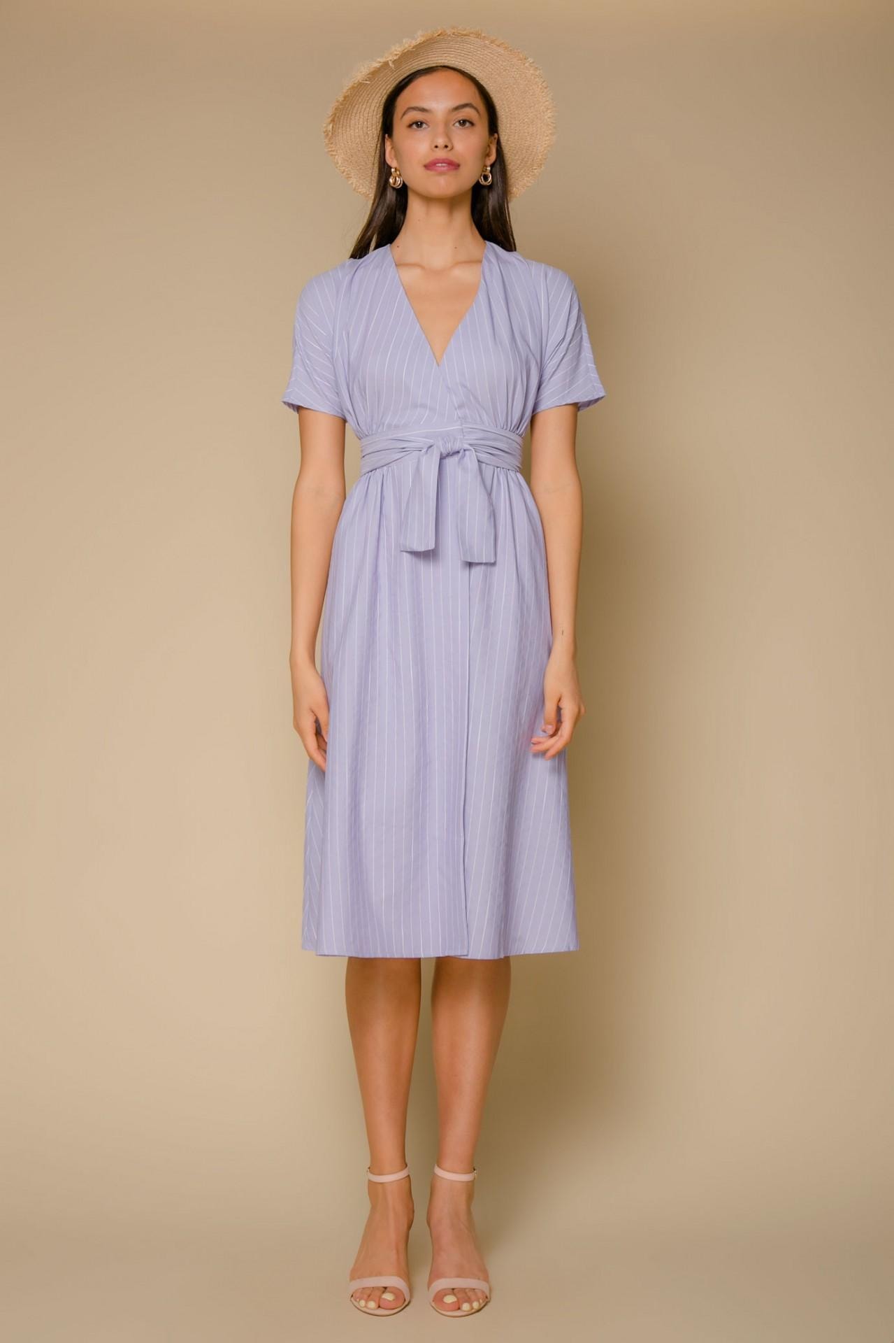 Cotton midi dress with a waist accent, Violet — photo 3