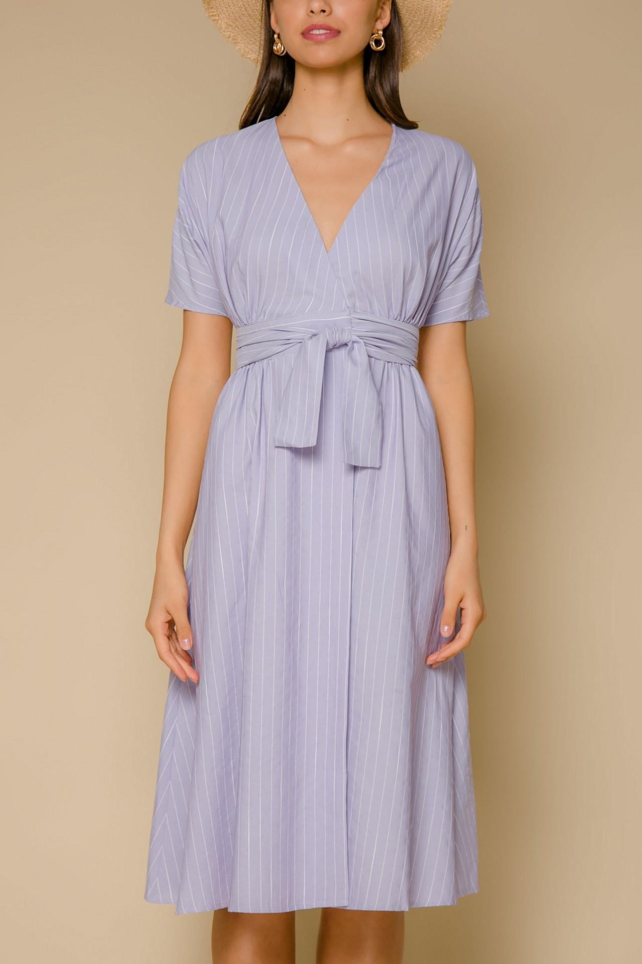 Cotton midi dress with a waist accent, Violet — photo 4