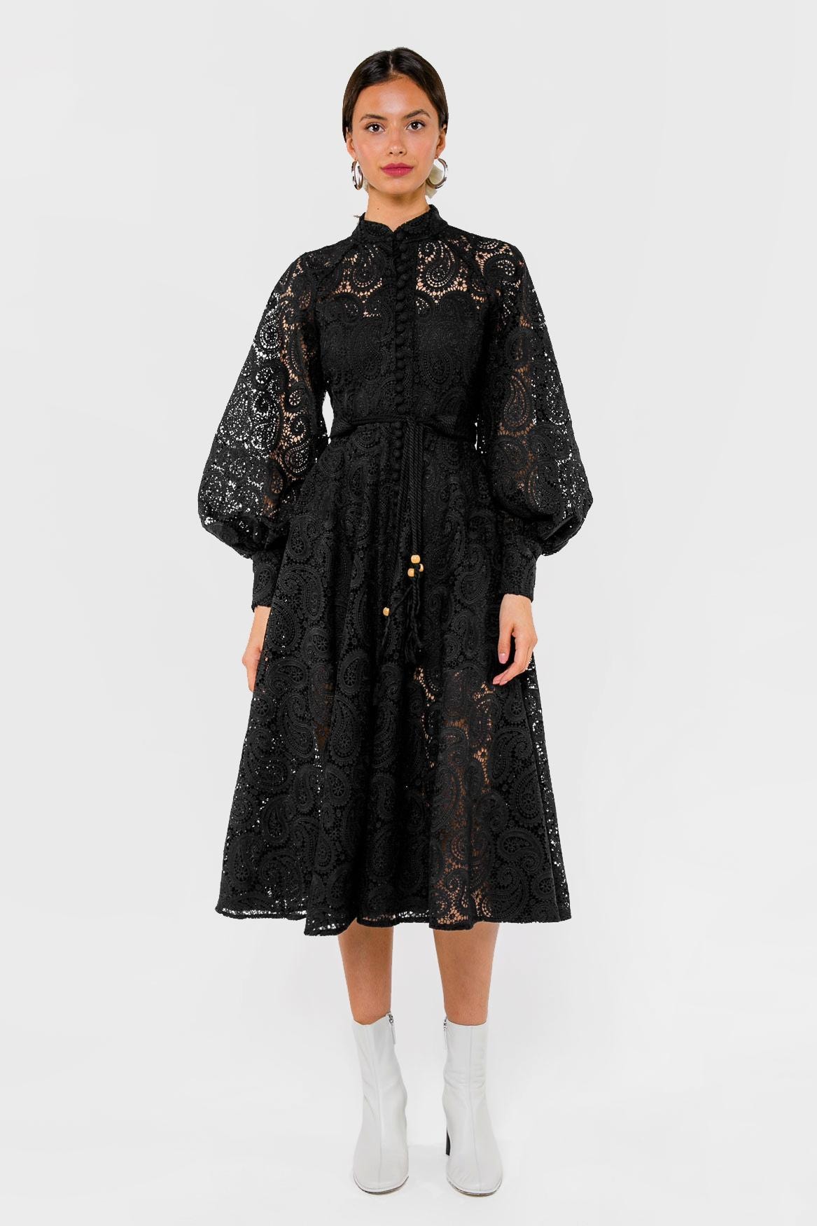 A lace midi dress with a waist accent and a full skirt, Black