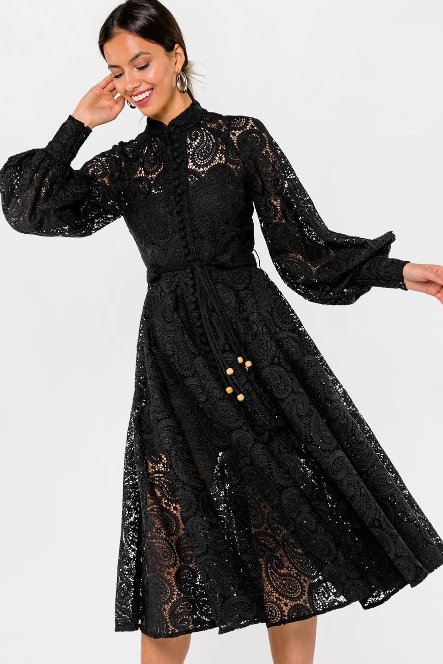 A lace midi dress with a waist accent and a full skirt, Black — photo 2