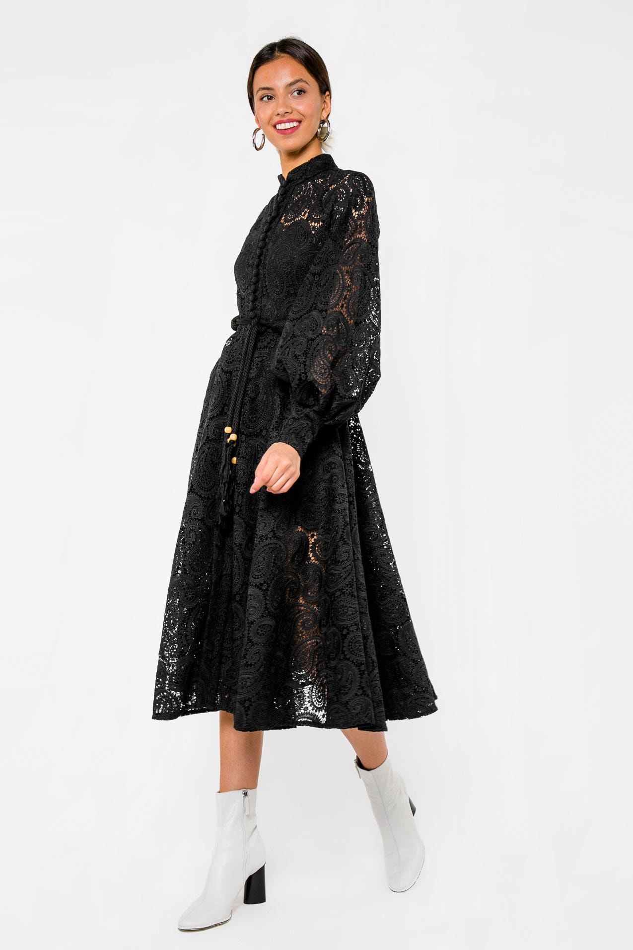 A lace midi dress with a waist accent and a full skirt, Black — photo 3