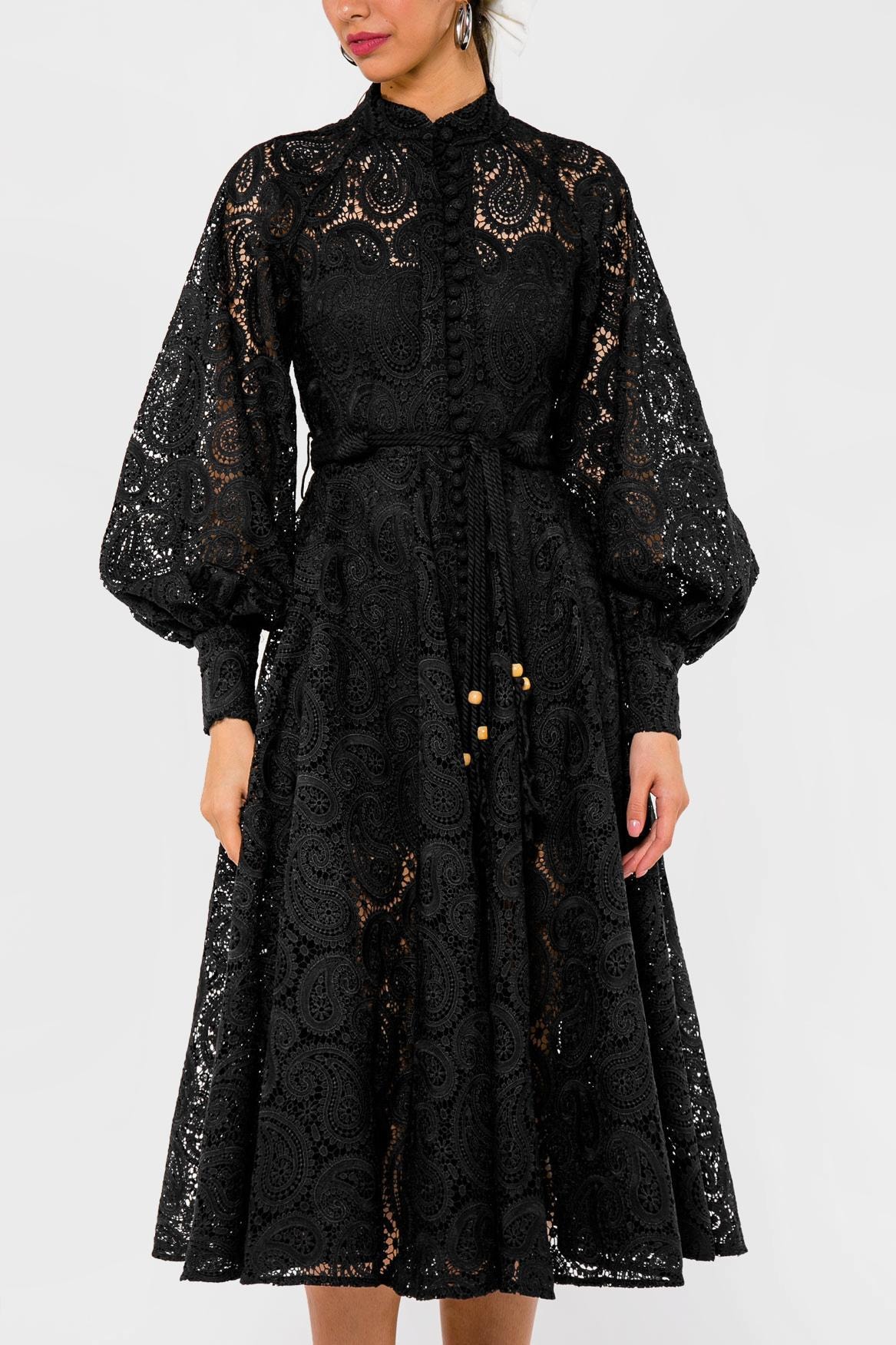 A lace midi dress with a waist accent and a full skirt, Black — photo 4