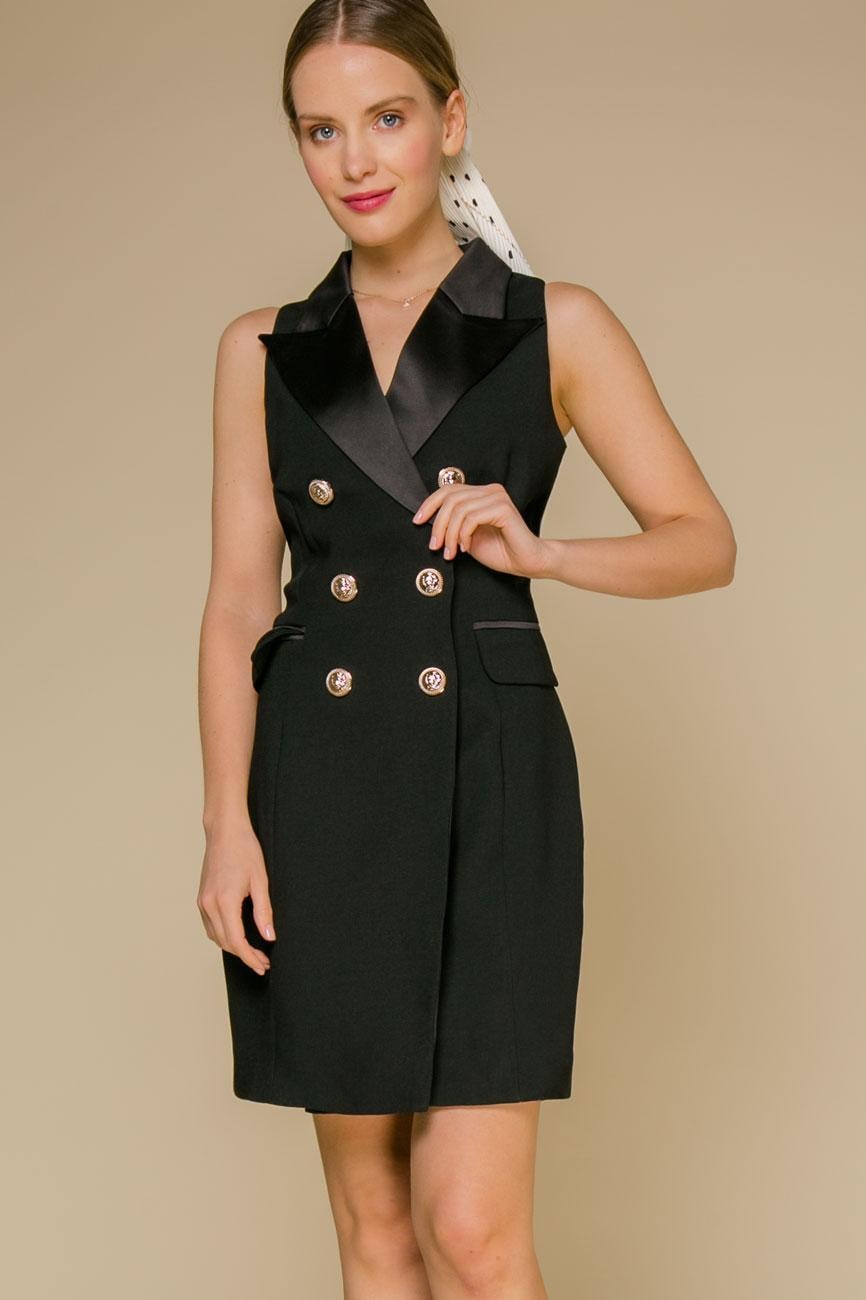 Dress-jacket with satin lapels and textured buttons, Black