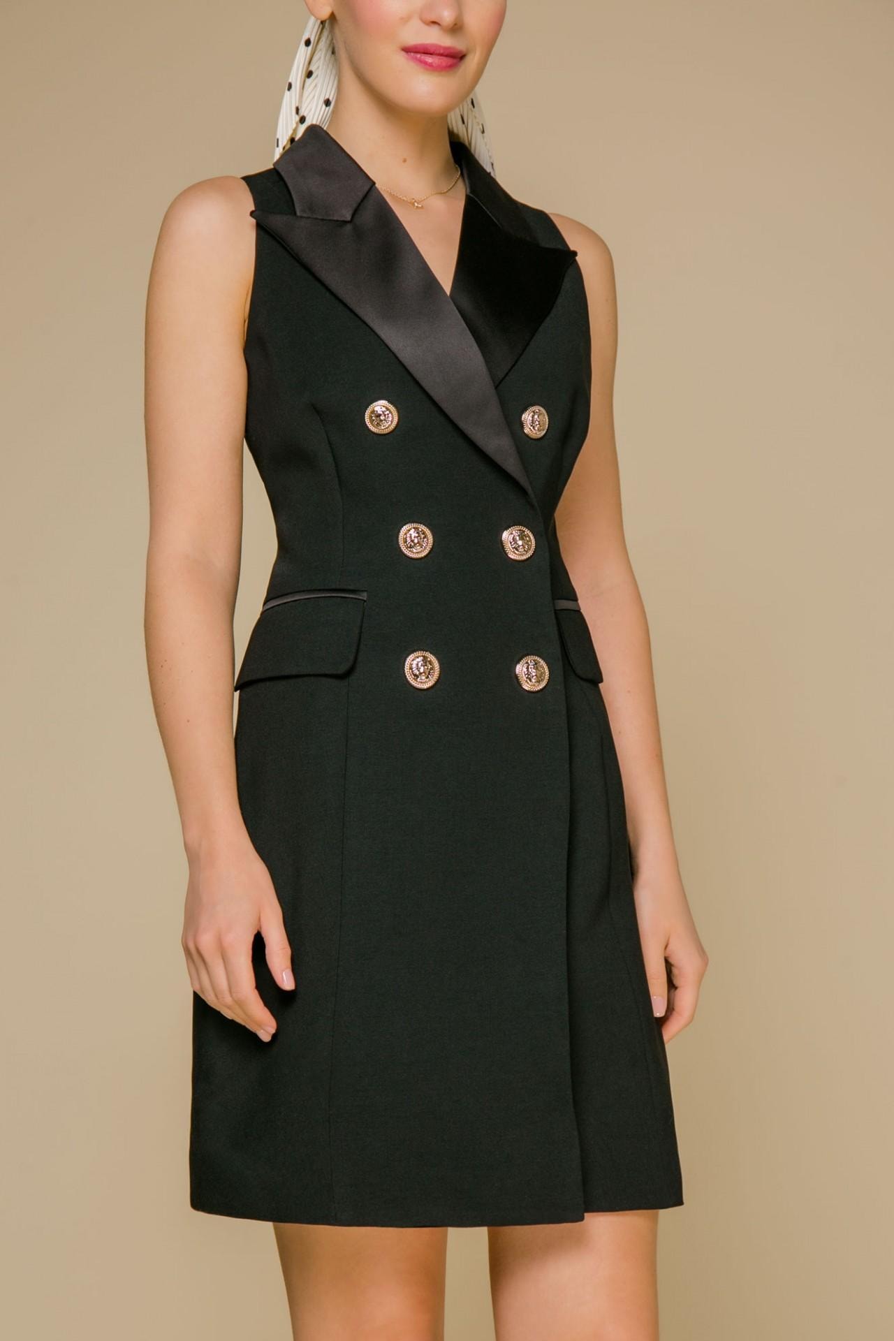 Dress-jacket with satin lapels and textured buttons, Black — photo 3