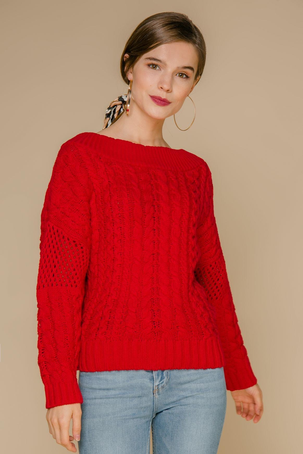 Bright jumper in soft cotton, dropped off one shoulder, Red