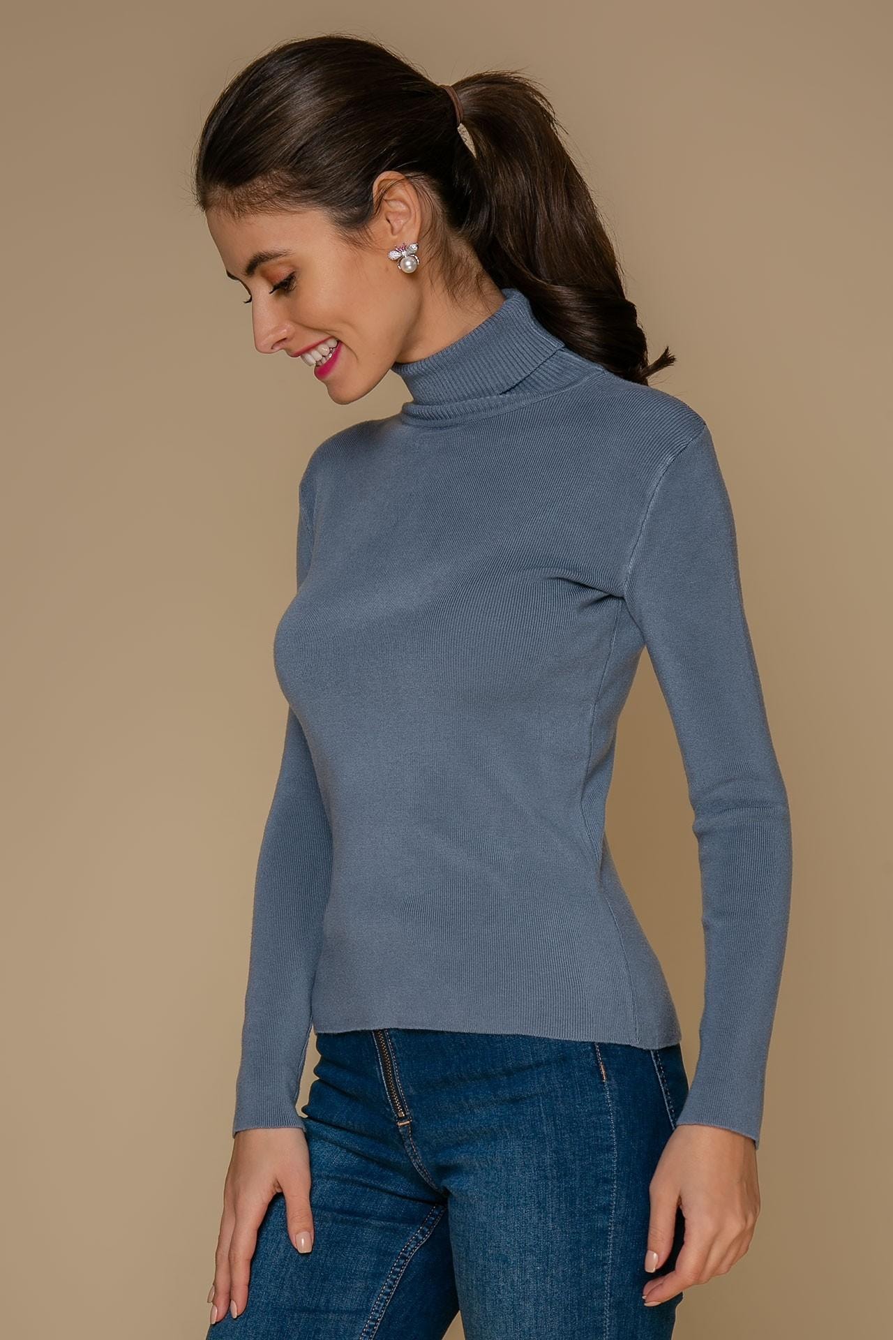 A close-fitting turtleneck with set-in sleeves, Blue — photo 3