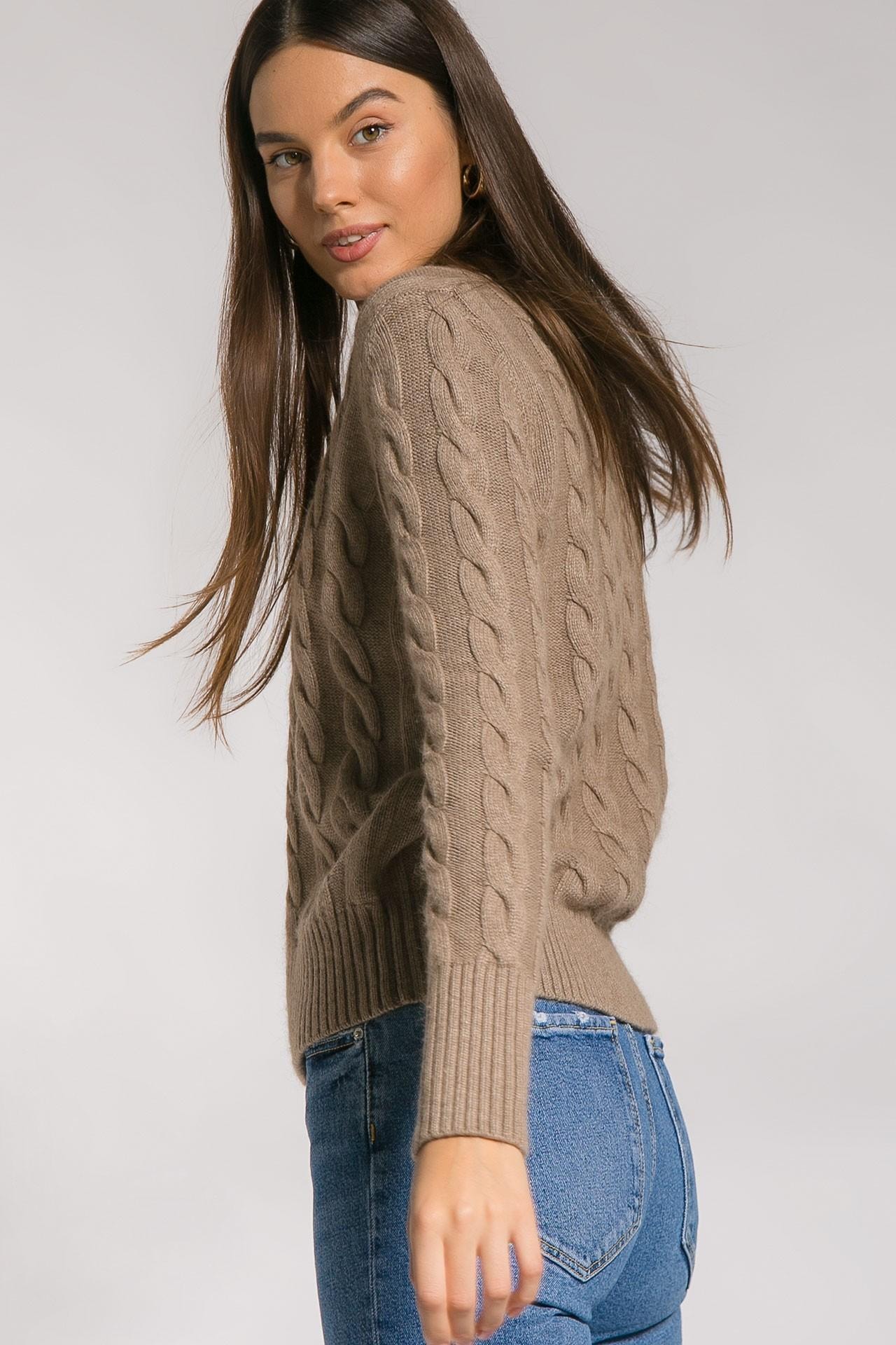 Fitted knit jumper with cable patterns, Brown