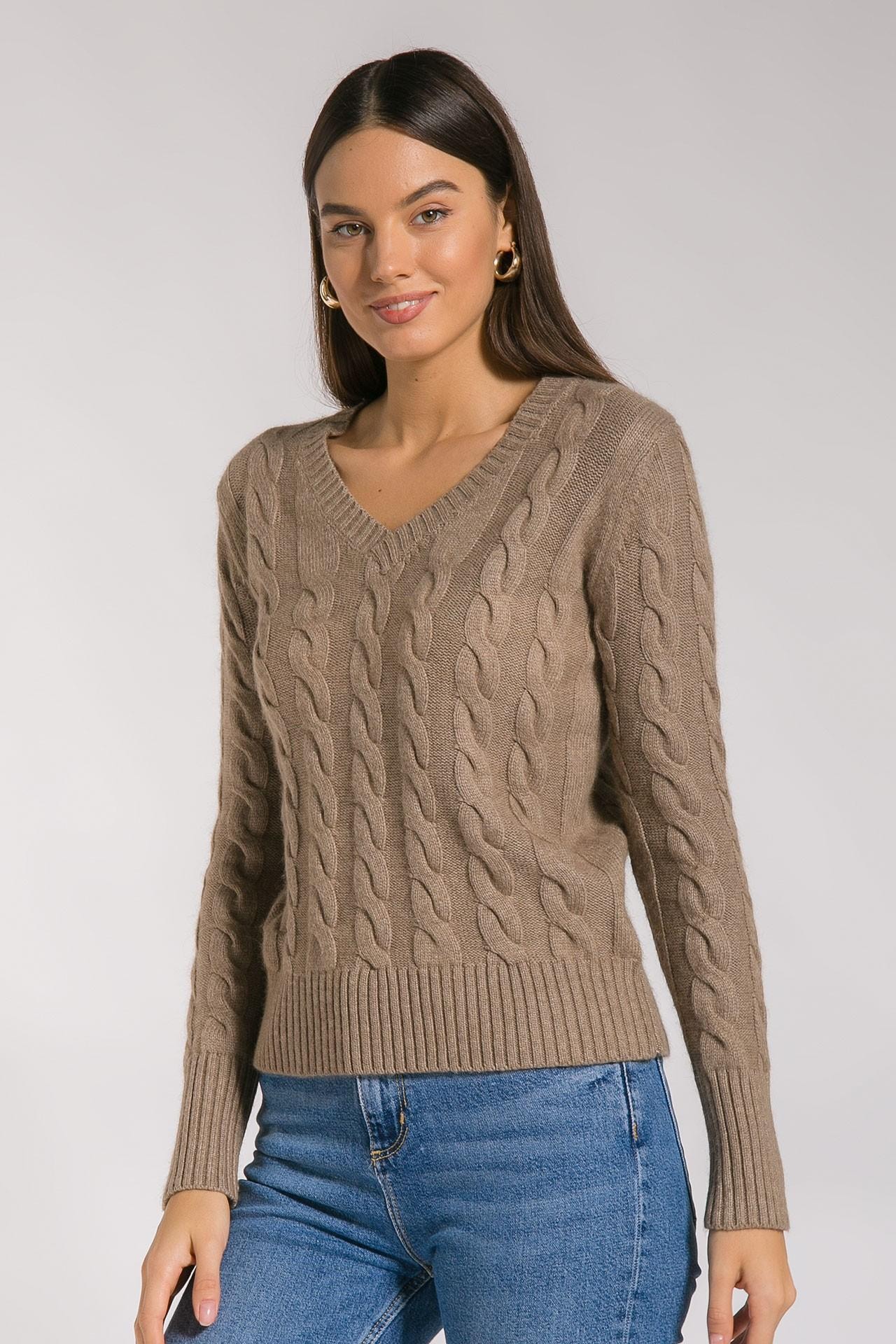 Fitted knit jumper with cable patterns, Brown — photo 3