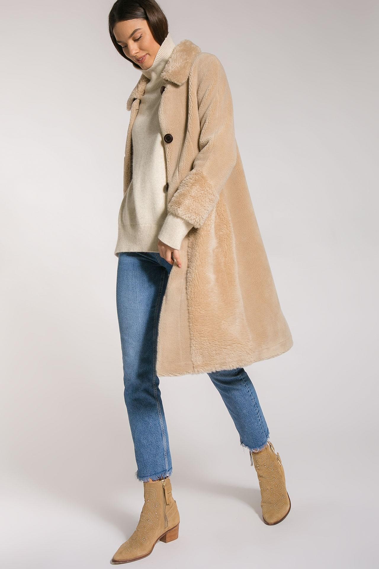 Single-breasted coat with a lapel collar, Beige — photo 2