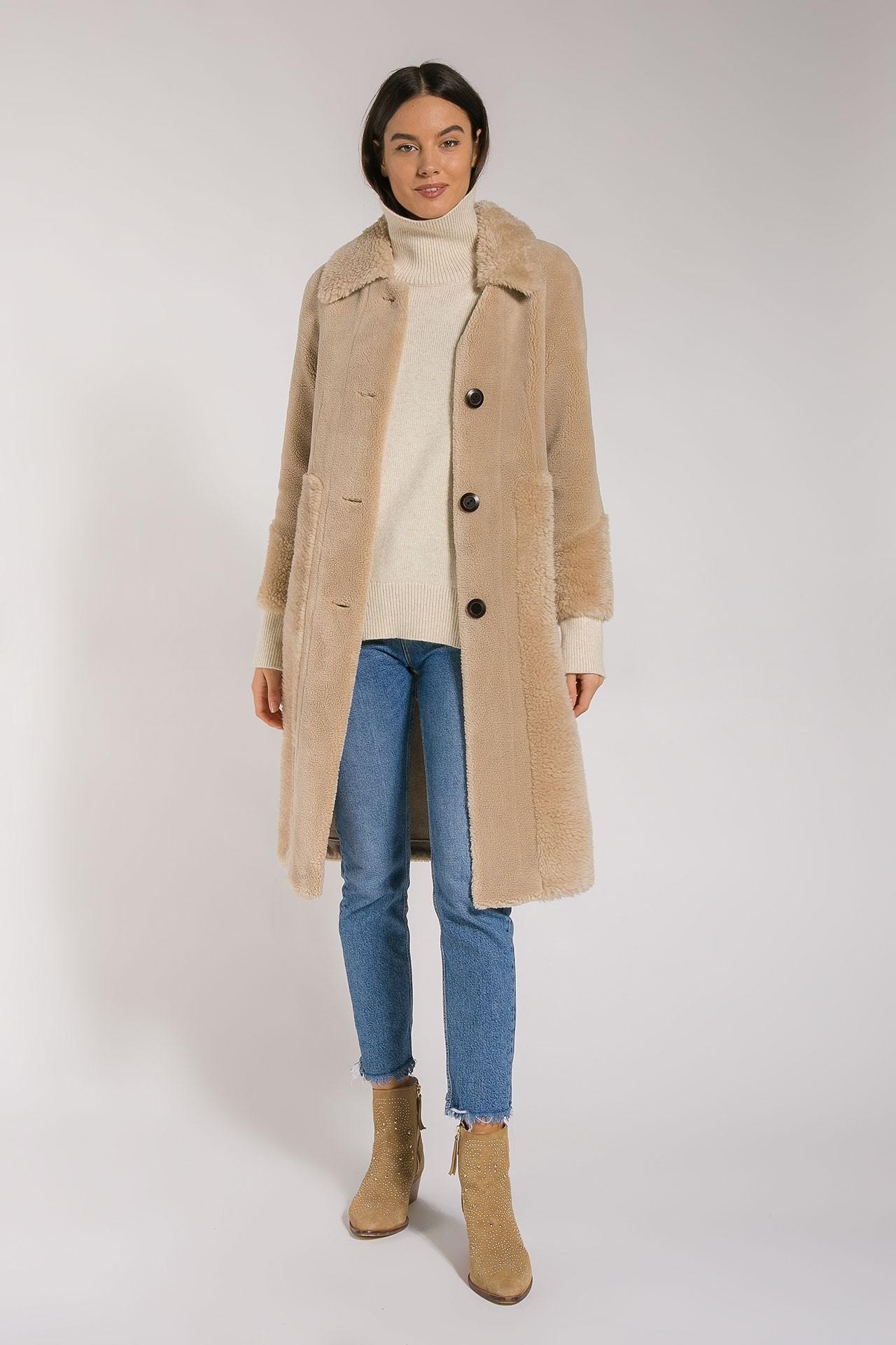 Single-breasted coat with a lapel collar, Beige — photo 3