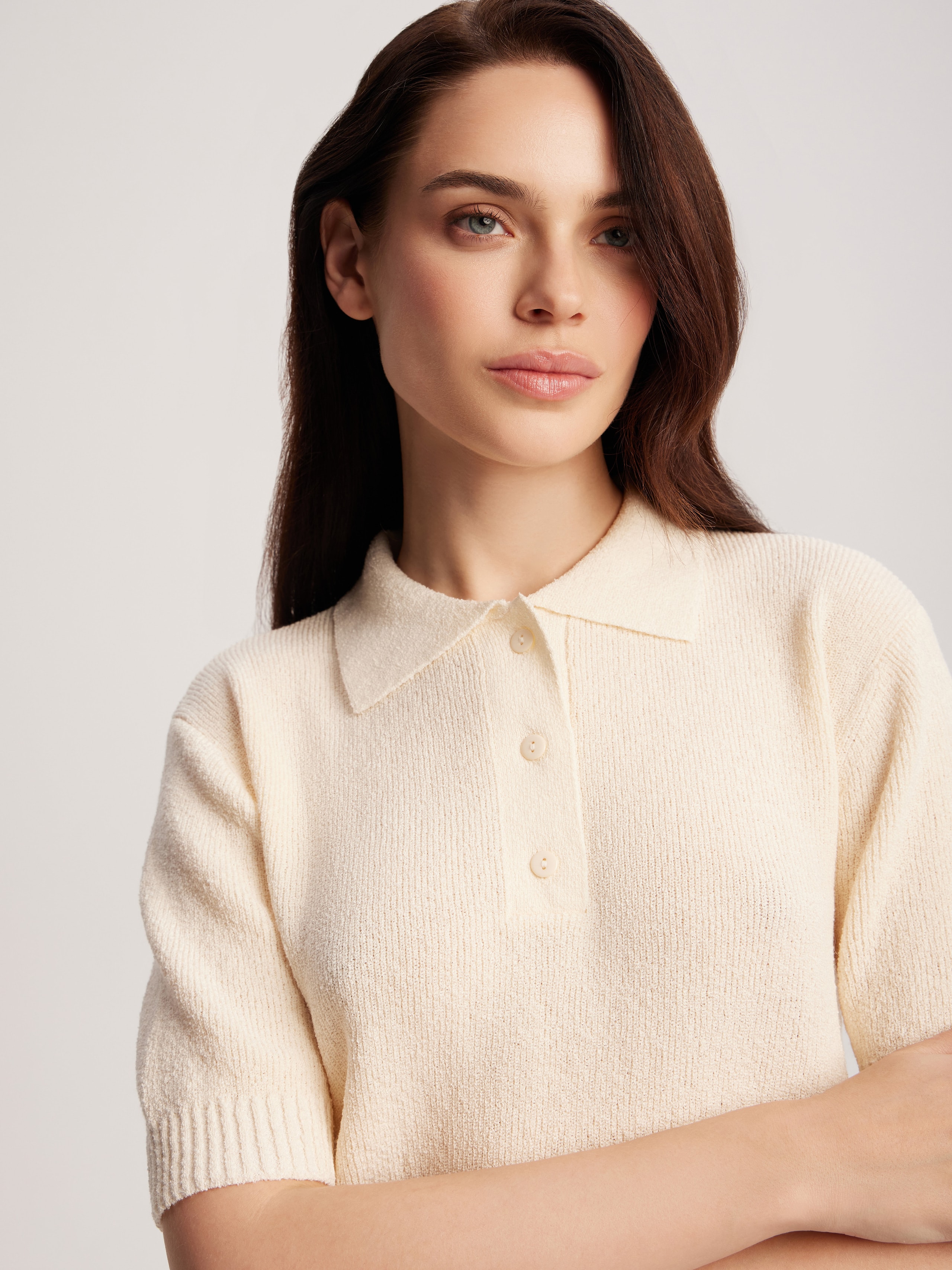 Polo jumper made of boucle yarn, White