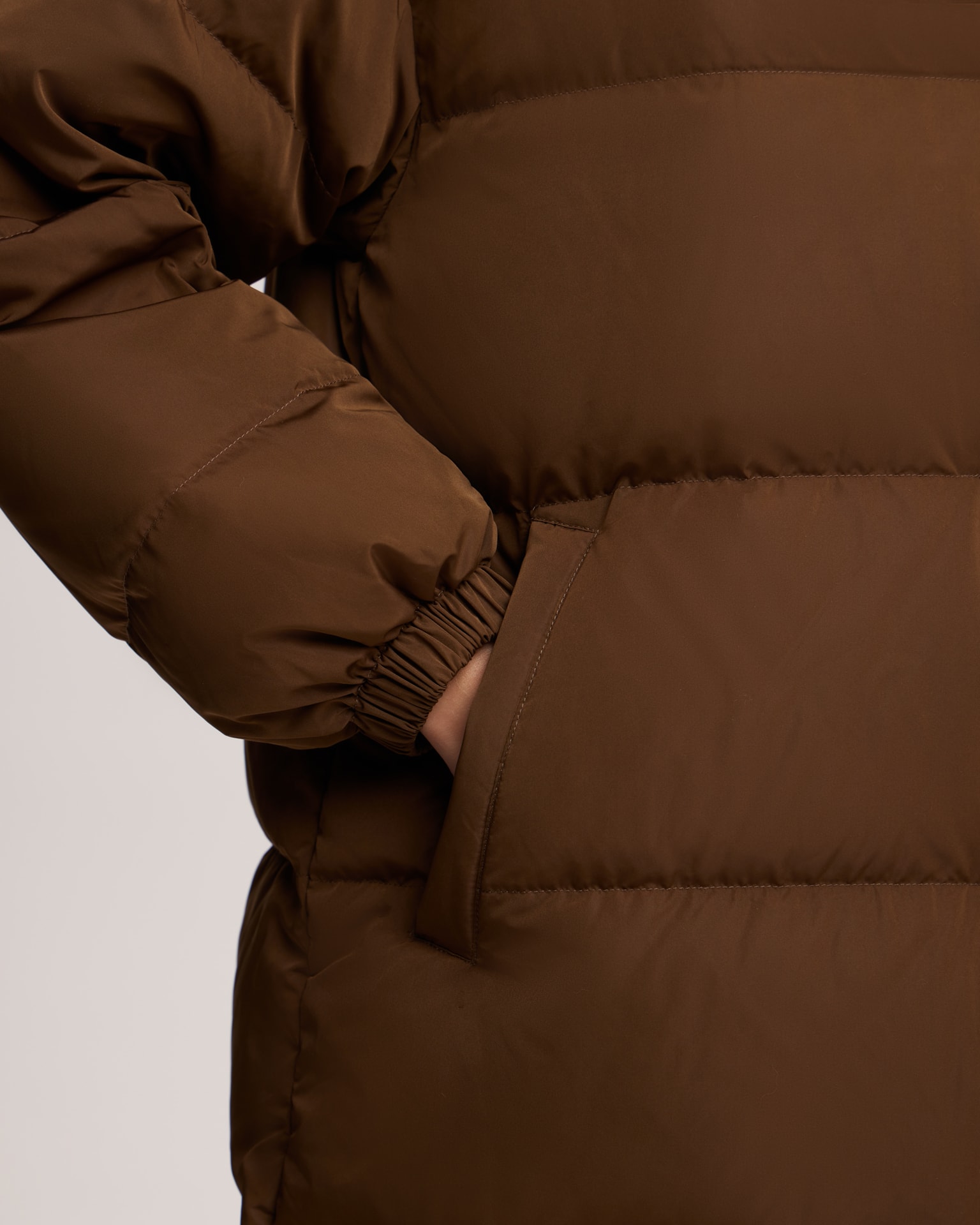 Chocolate brown puffer jacket with snap fasteners, Brown. — photo 8
