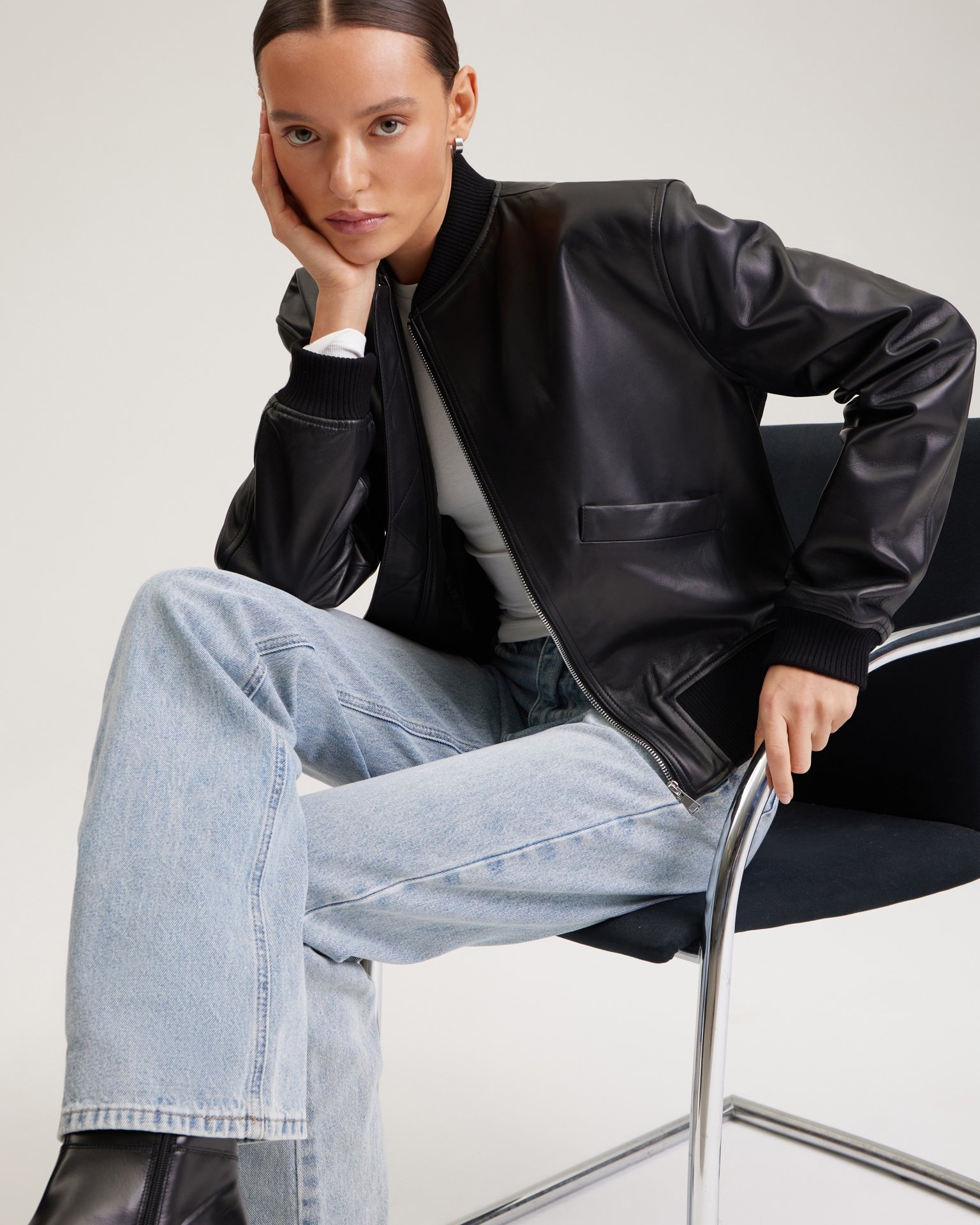 Black leather bomber jacket