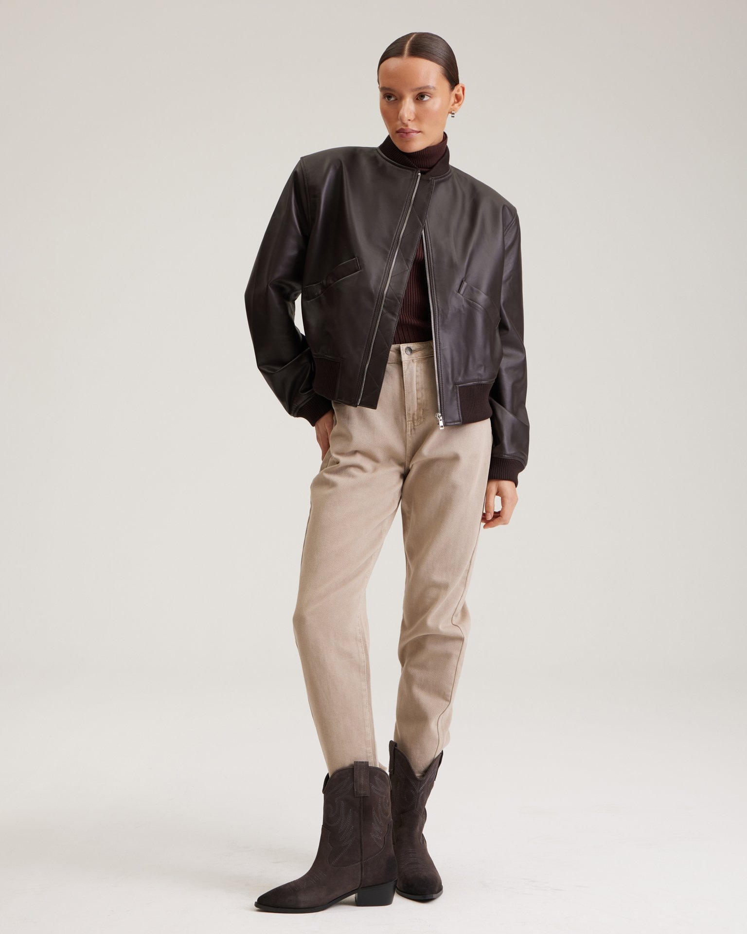 A chocolate leather bomber jacket