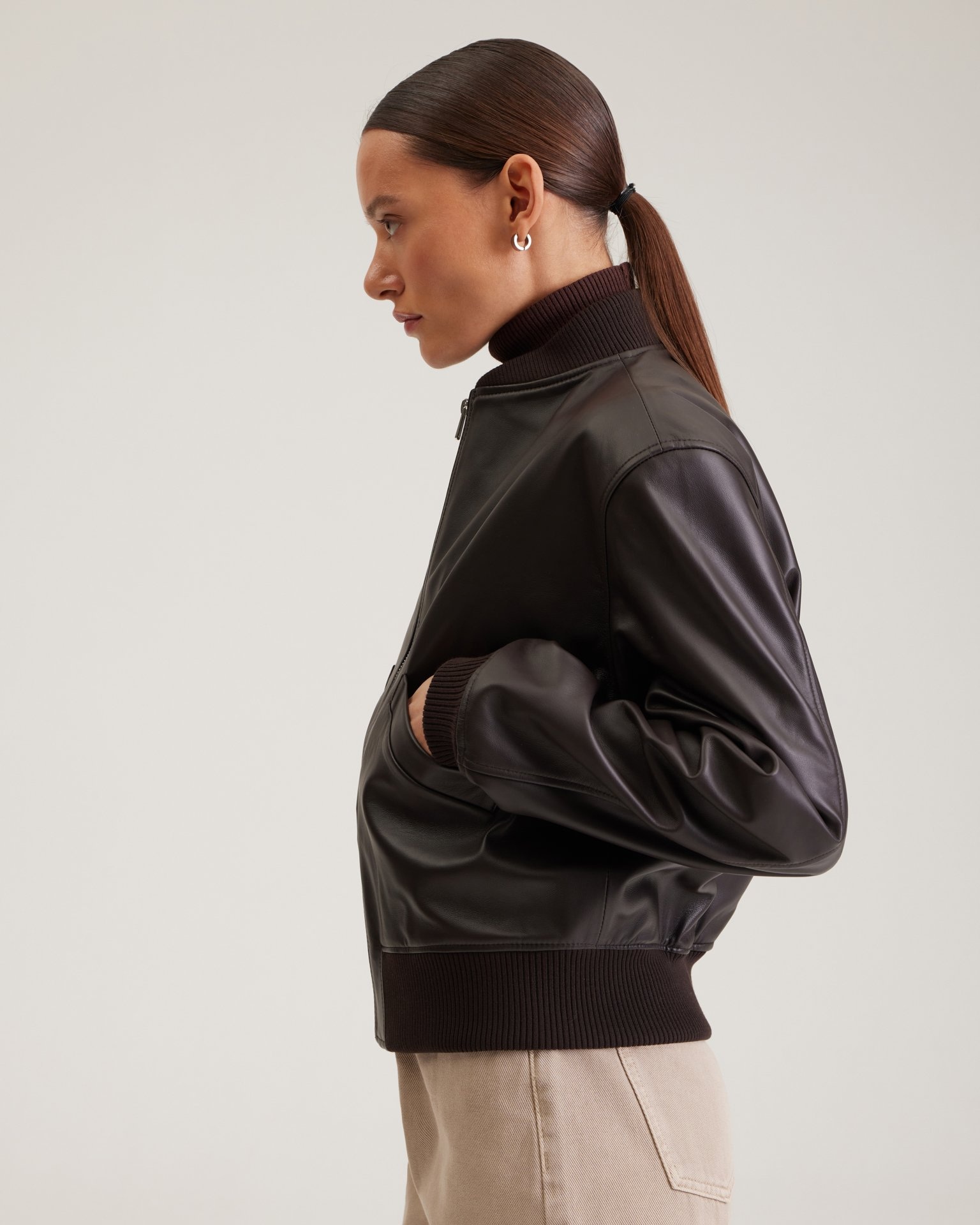 A chocolate leather bomber jacket