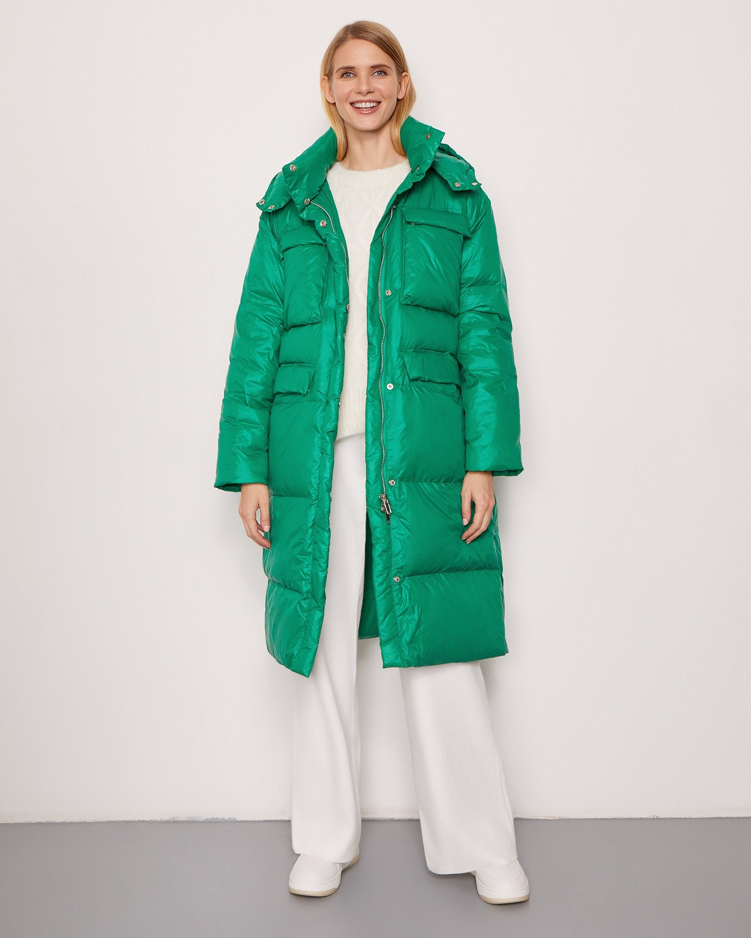 Long green down coat