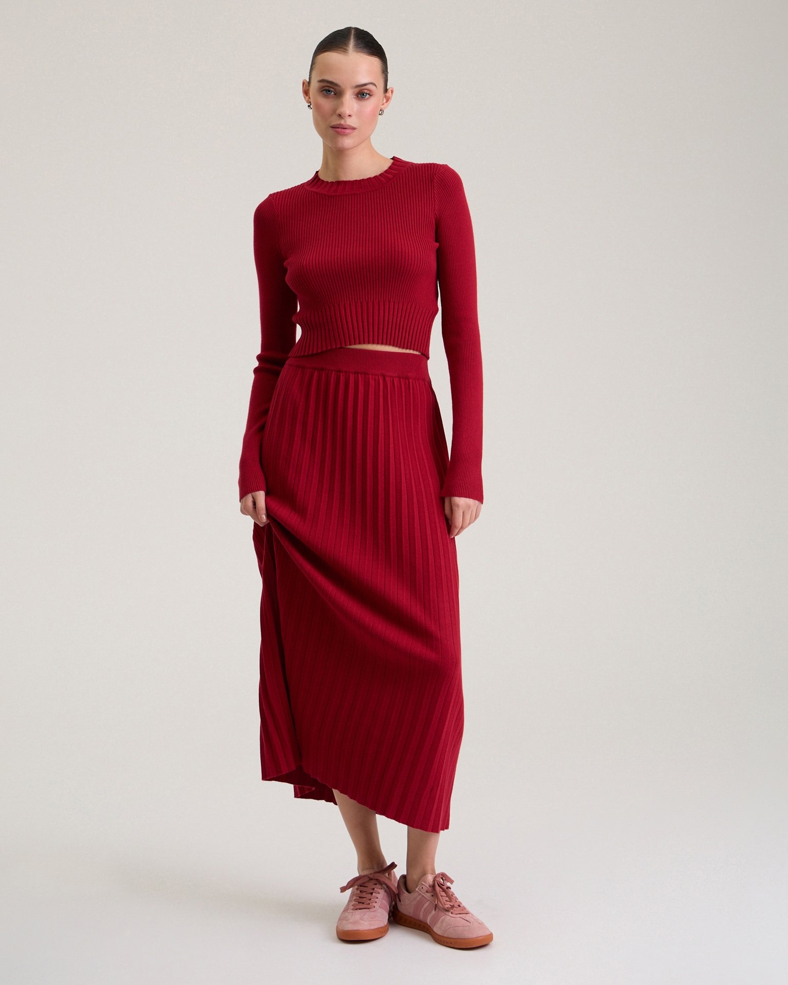 Red pleated skirt